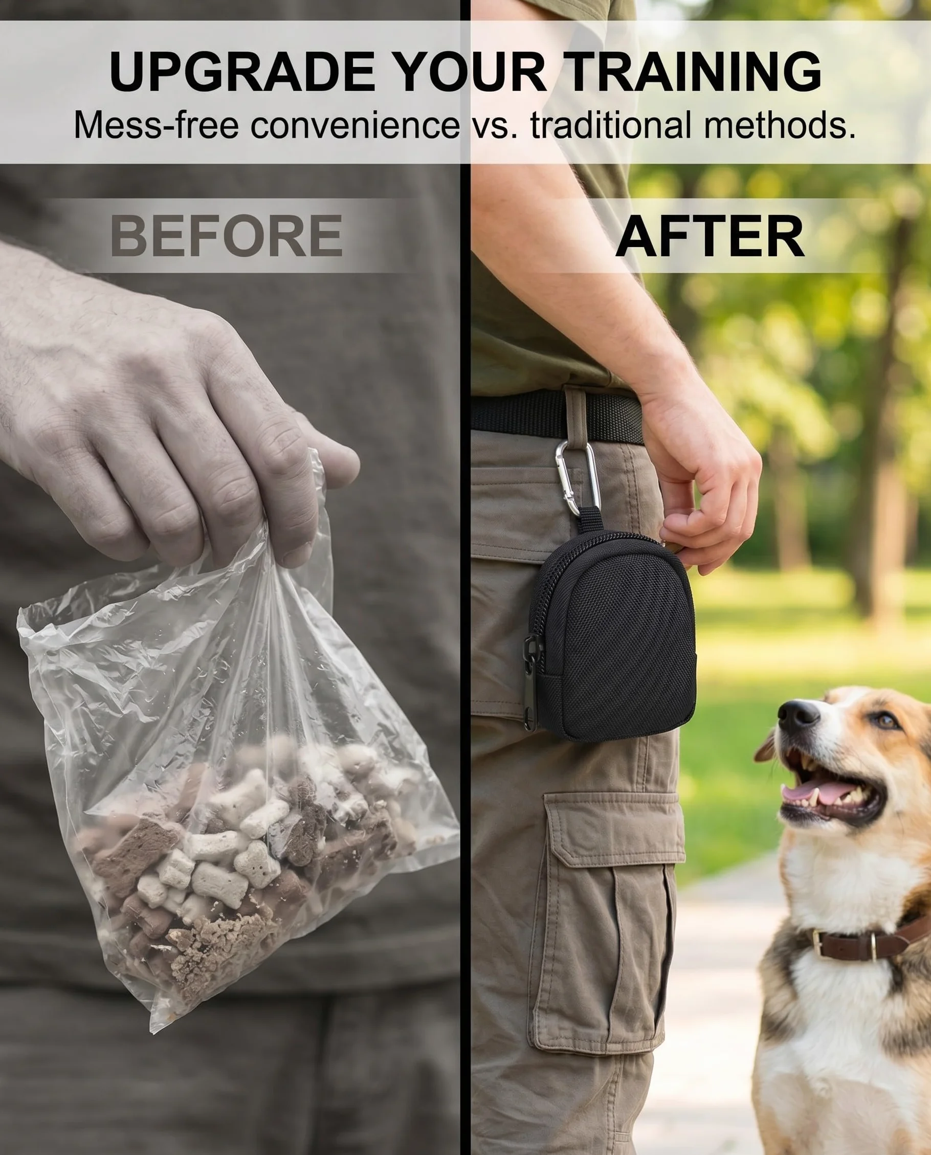 Borsa Addestramento Cane Set 2, Mani Libere con Moschettone, Nero e Verde Militare. Porta Premietti Robusto per Addestramento e Passeggiate Efficaci.