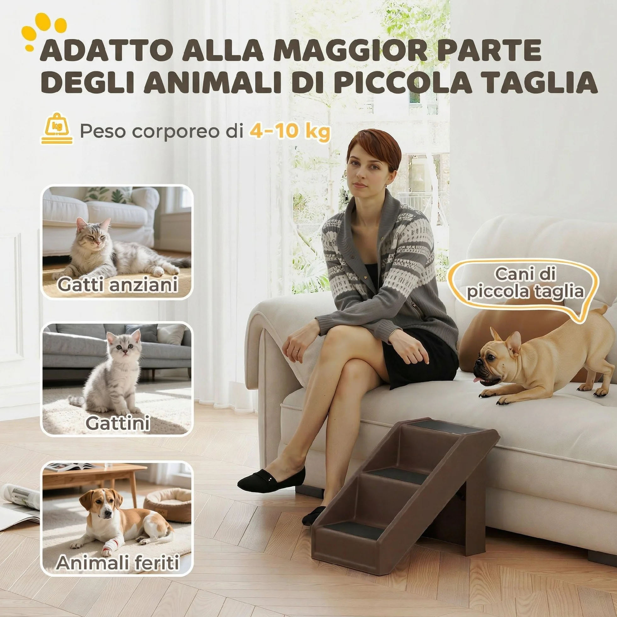 PawHut Scaletta per Cani e Gatti Pieghevole 3 Scalini Antiscivolo 10 kg 53x30.5x36.5 cm Marrone