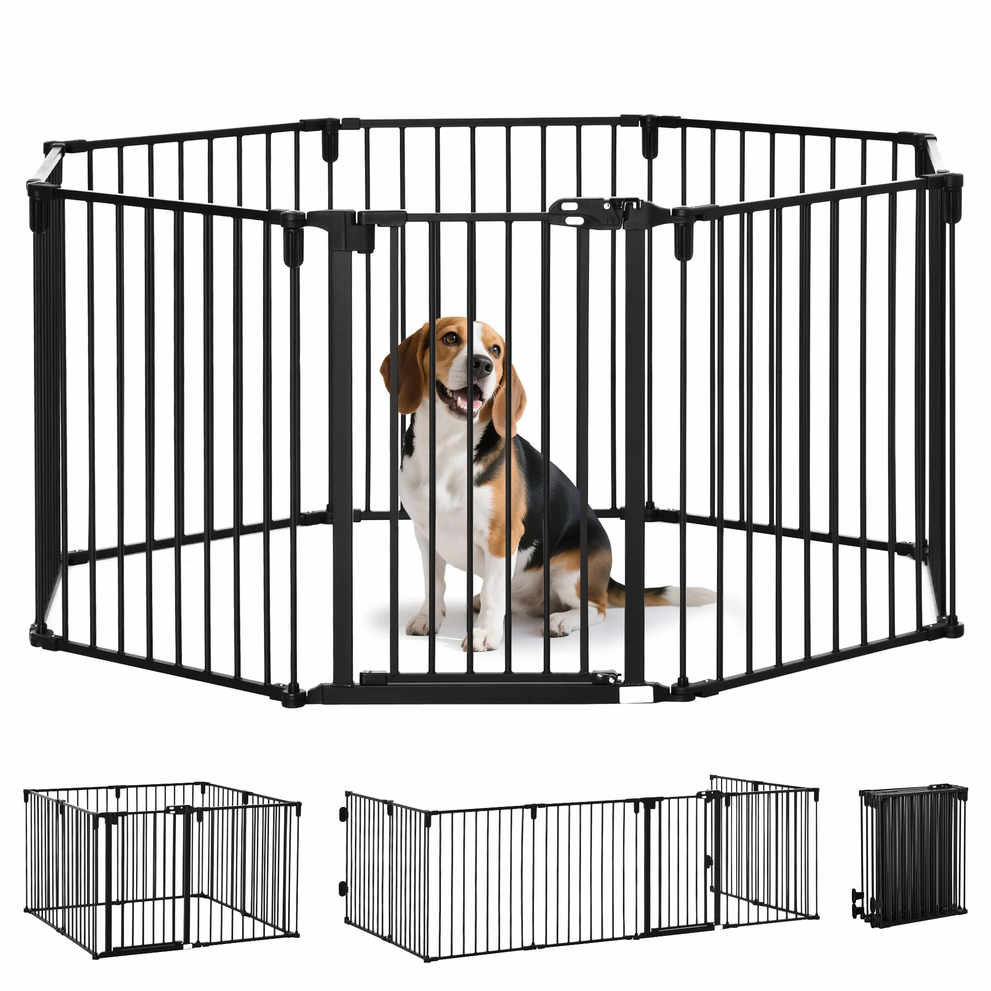 PawHut Cancelletto di Sicurezza Pieghevole 8 Sezioni, Cancellino Barriera per Cani in Acciaio, Sistema di Blocco e Chiusura Automatica, Nero
