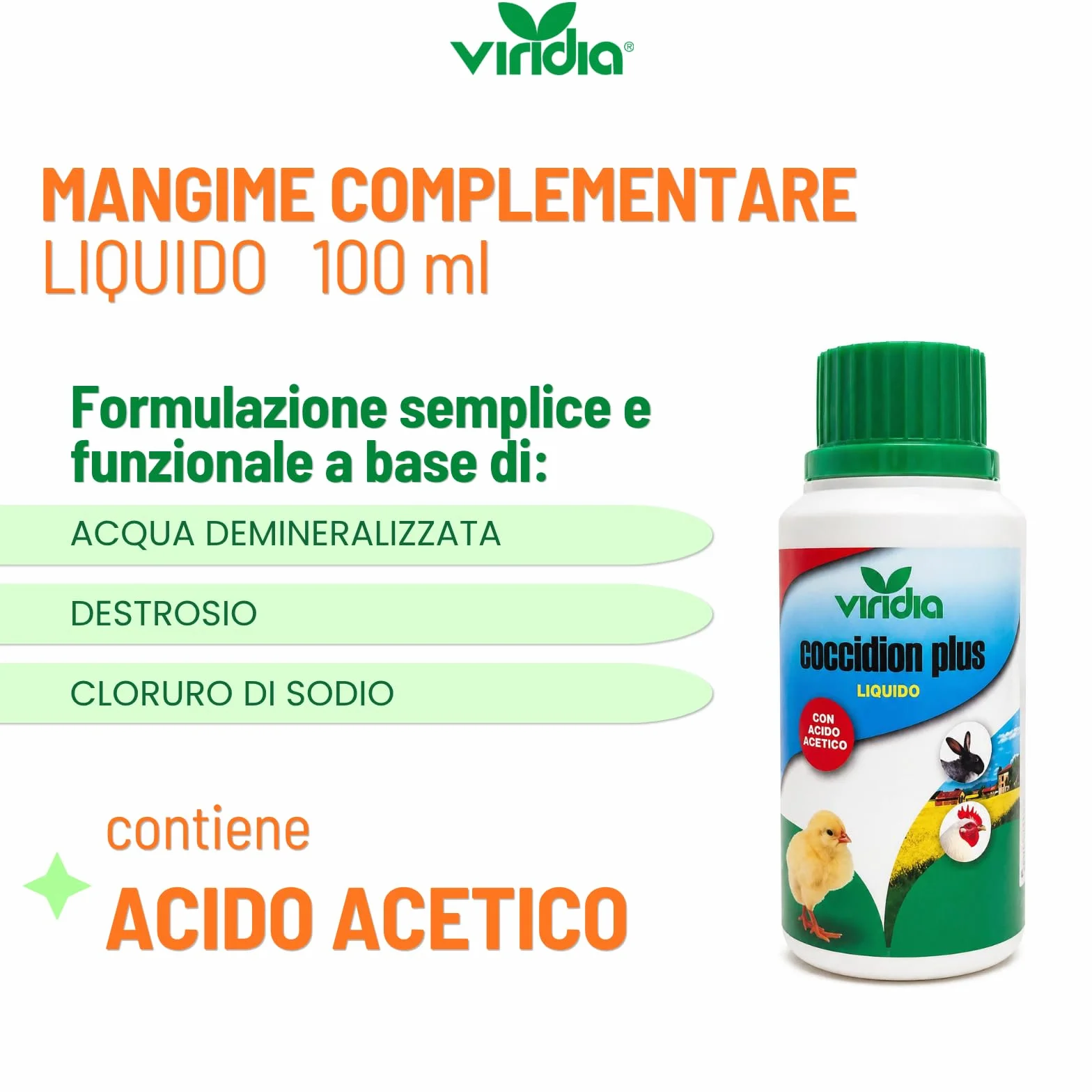 viridia Coccidion Plus Liquido 100 ml – Mangime Complementare per Volatili e Conigli, Supporto Intestinale con Acido Acetico, Equilibrio Intestinale, Facile da Diluire in Acqua da Bere