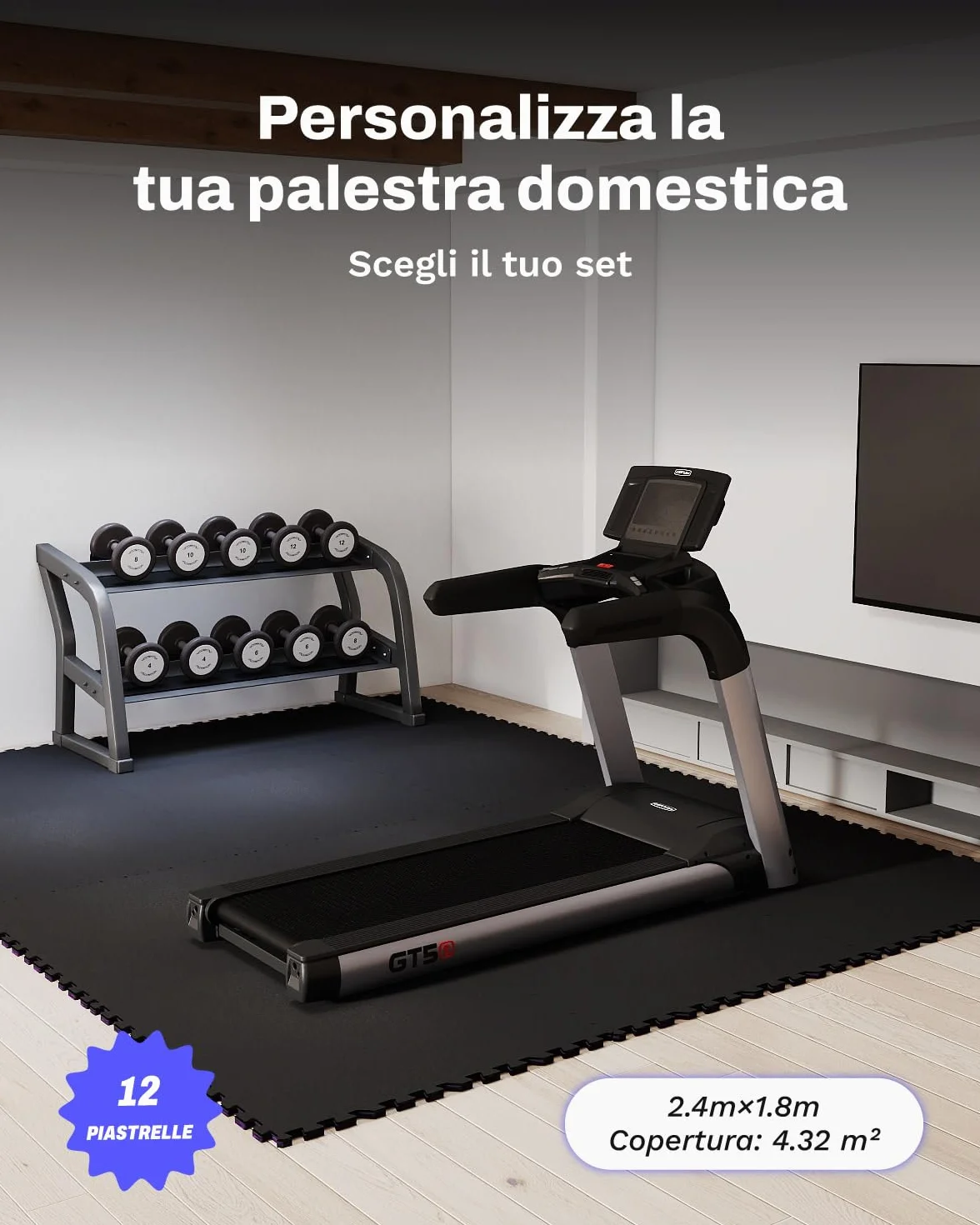AIRHOP 12 pz 60x60x1,4cm Tappetino per Attrezzature da Esercizio, Superficie in Gomma Robusta e Spessa,Tappetino Puzzle per la Protezione del Pavimento, per Palestra e Casa,Tappetino Fitness BK-12PCS