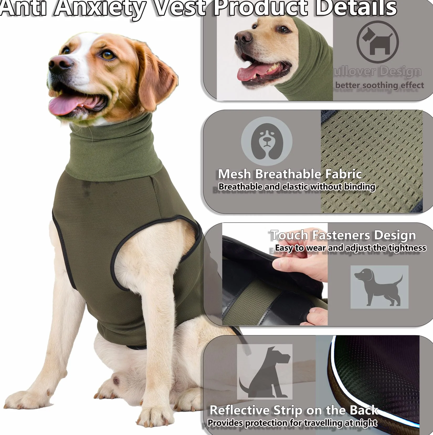 Cappotto Anti Ansia per Cane con Copricapo Giacca Mesh Traspirante Cinghia Regolabile Strisce Riflettenti Calmare L'ansia del Cane (Olive XS)