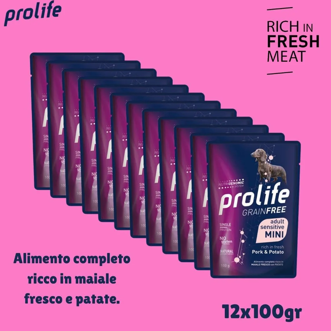Prolife umido per cani monoproteico sensitive grainfree adult mini MAIALE e PATATE 100g | 12 bustine da 100g l'una.