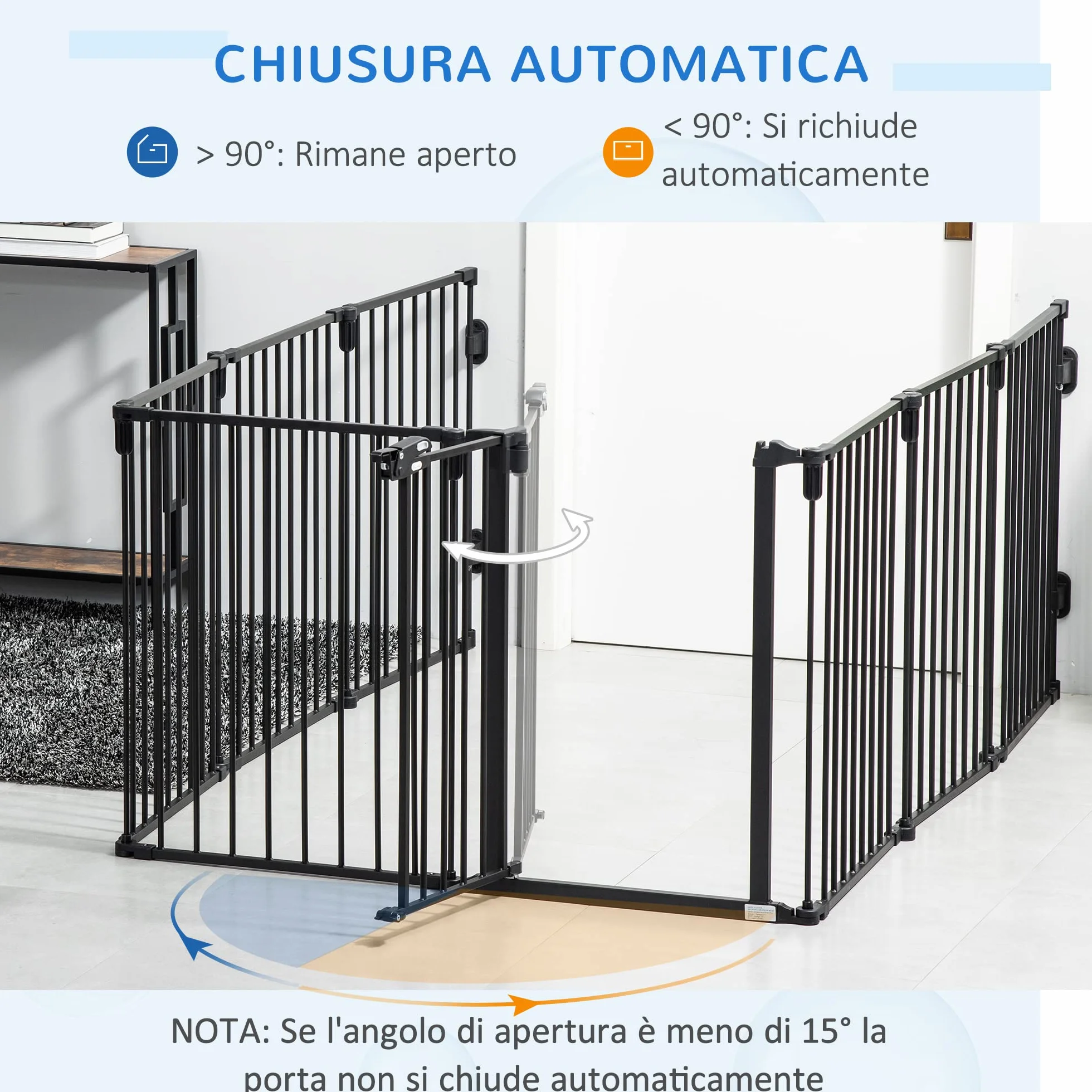 PawHut Cancello Sicurezza Pieghevole 8 Sezioni, Barriera per Cani Acciaio, Chiusura Automatica, Nero