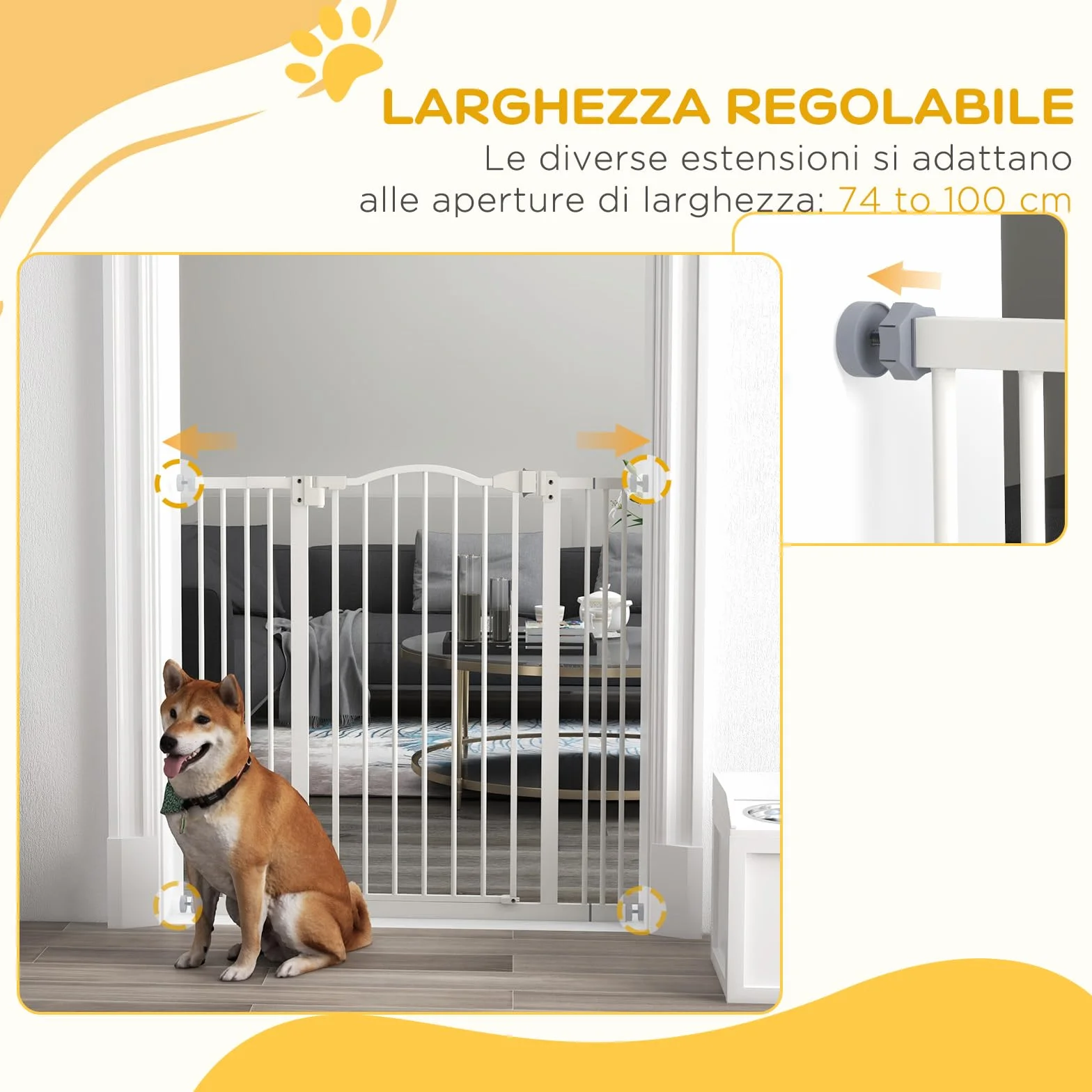 PawHut Cancelletto di Sicurezza per Cani, Barriera Estensibile 74-100 cm, Doppio Blocco, Chiusura Automatica, Bianco