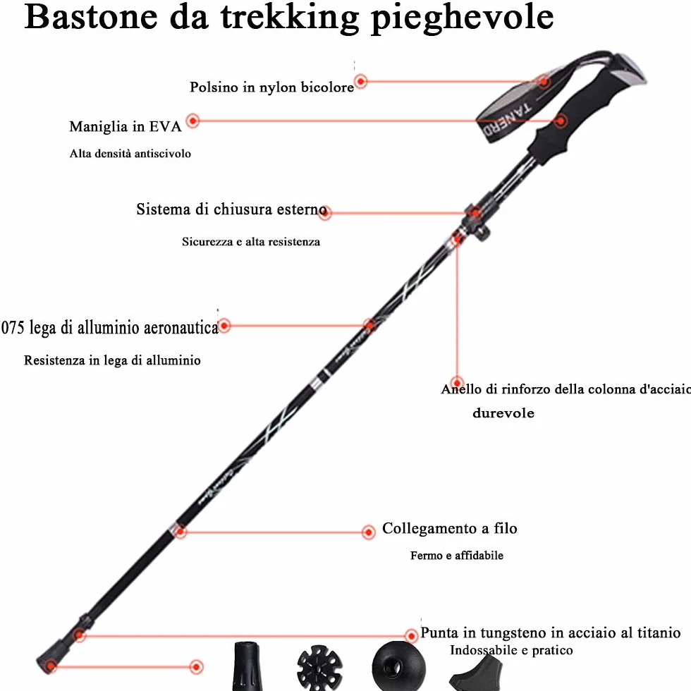 Bastone da passeggio pieghevole in sughero, antiscivolo, anti-urto per trekking e alpinismo