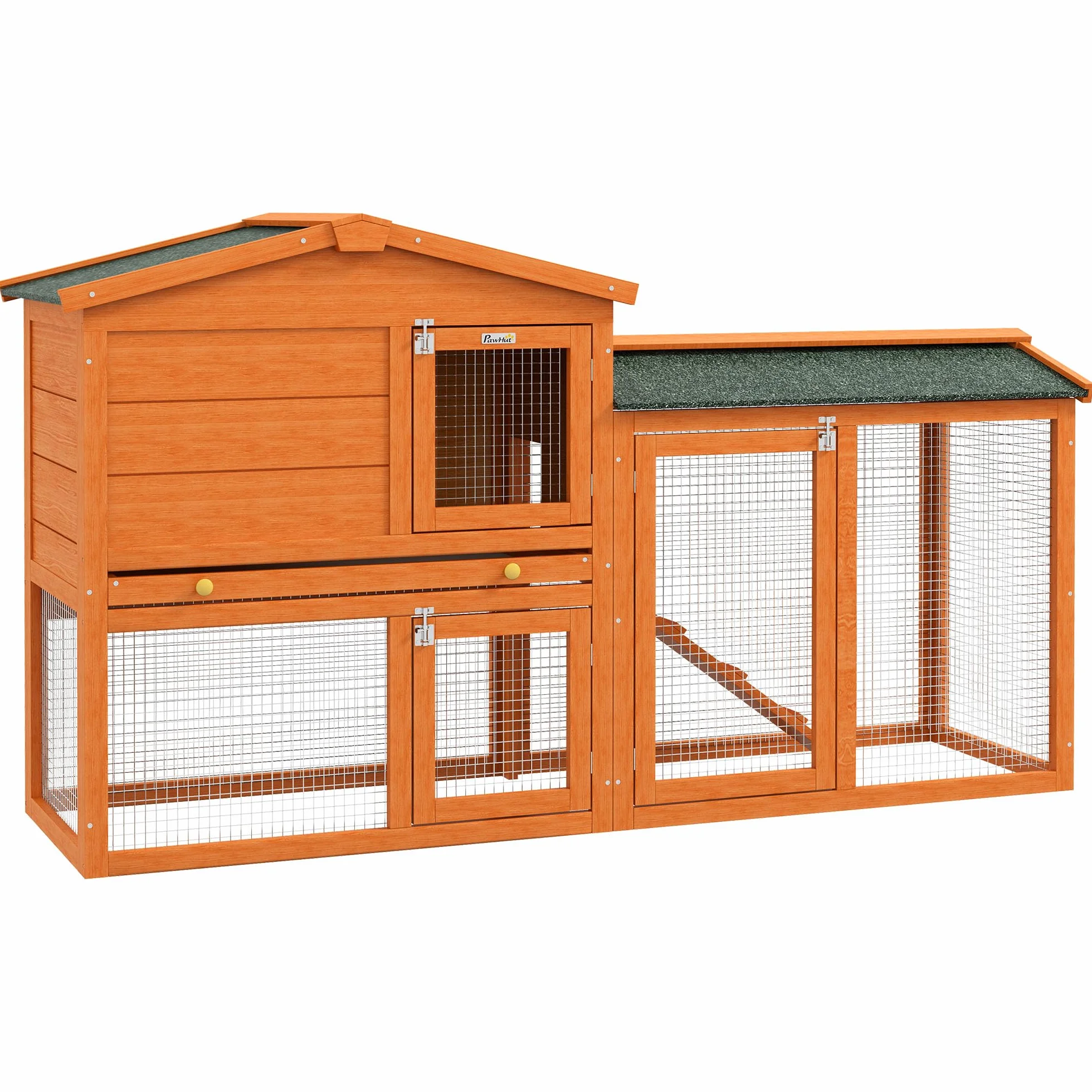 PawHut Conigliera a 2 Piani da Esterno, Gabbia per Animali Domestici in Legno di Abete e Filo di Metallo, 150x45x85 cm, Arancione