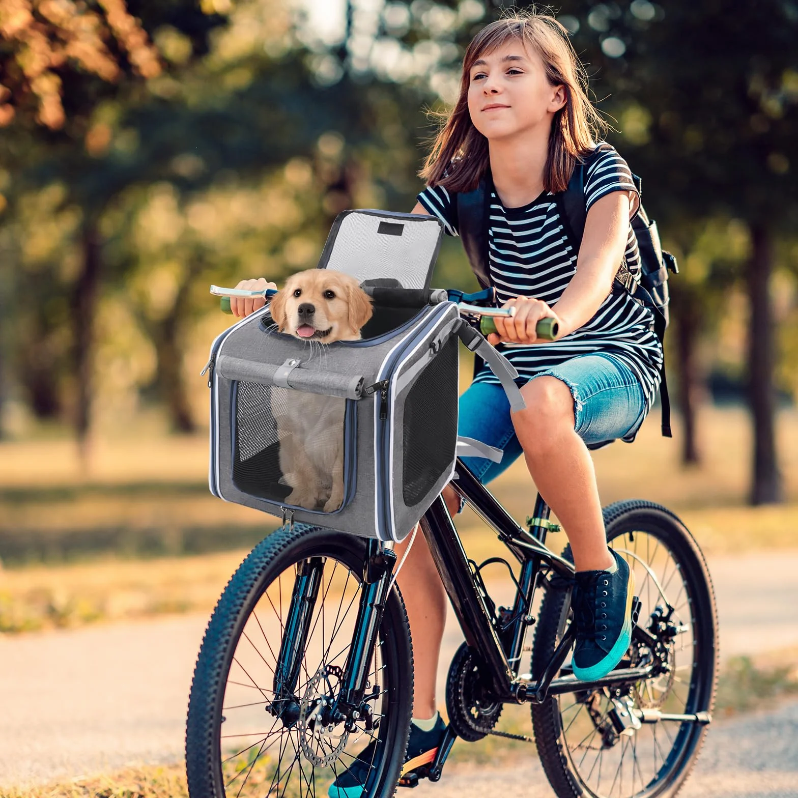Cestino Anteriore Bici Staccabile, Cestino da Bici Anteriore per Cani Gatti fino a 10KG Adattatore Manubrio Multiuso con Finestre in Rete Traspirante Cuscino Impermeabile per Trasporto Cani e Gatti