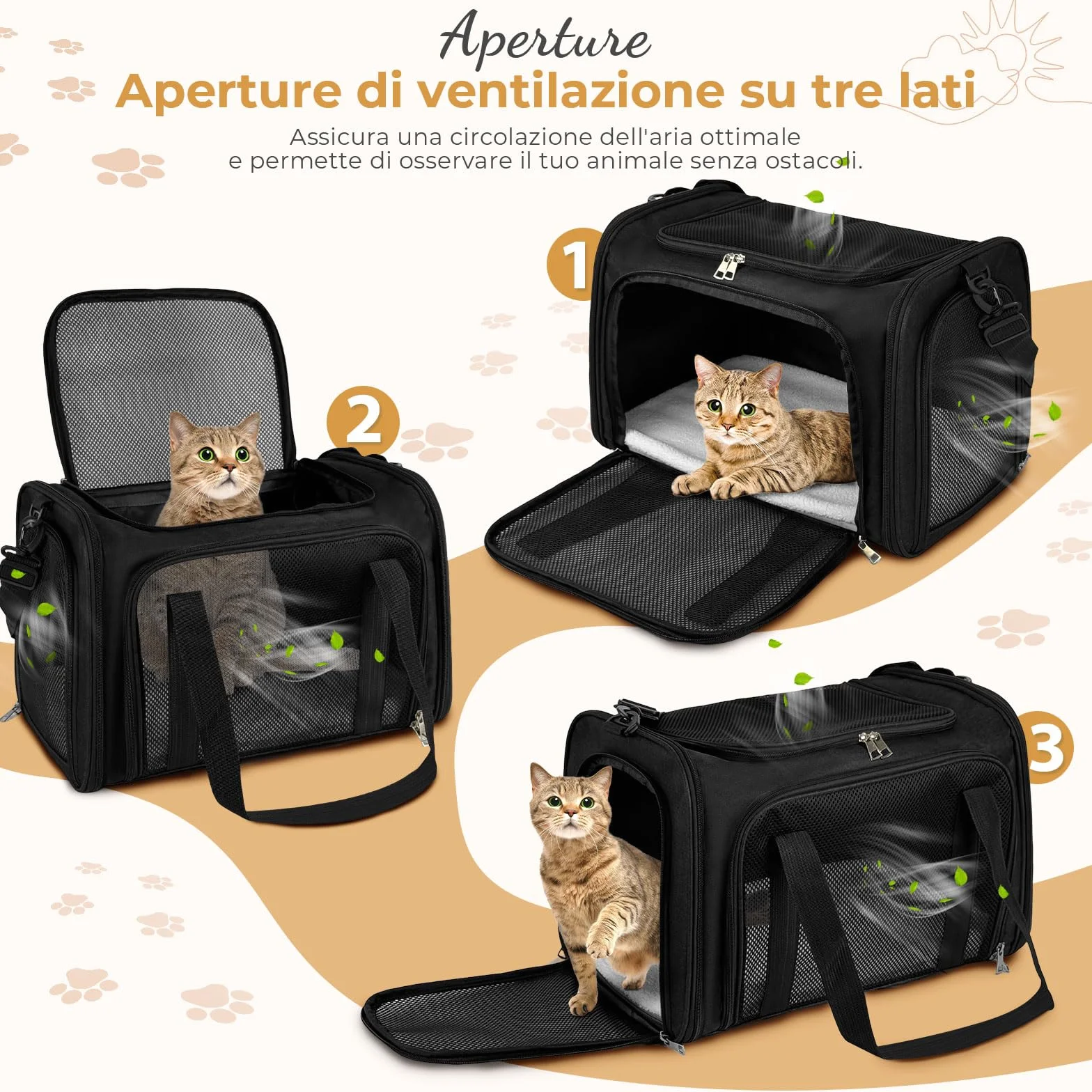 Trasportino per Gatti, 50x34x34cm Trasporto per Gatti e Animali fino a 8 kg, Trasportino per Animali Portatile Pieghevole, Trasportino per Viaggi Lunghi e Brevi (Nero)