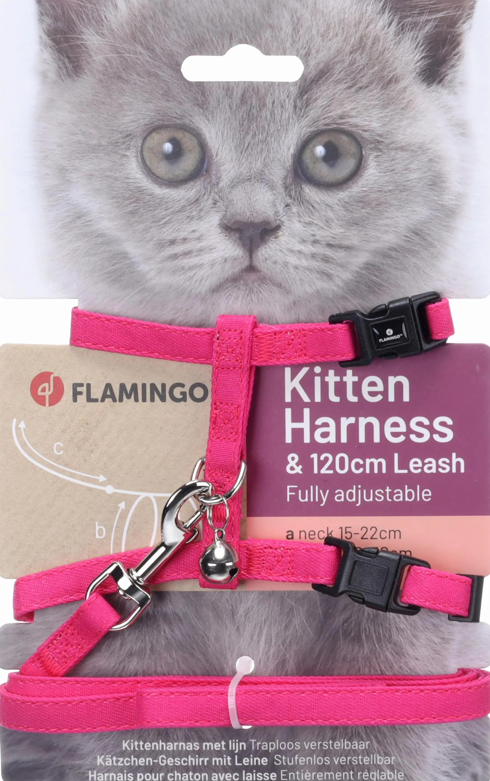 Imbracatura con Guinzaglio Flamingo Lomi – Fuchsia | Per Gattini (Kitten) | A: 15-22 cm, B: 20-30 cm, C: 120 cm x 10 mm x 2 mm – Morbida, Sicura, Regolabile e Leggera