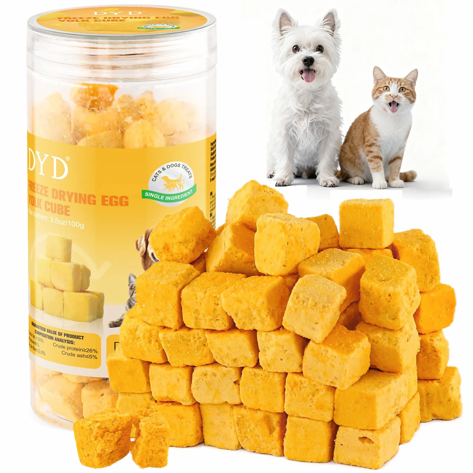 DYD Snack Liofilizzato al Tuorlo d'Uovo per Gatti & Cani - Ingrediente Singolo Naturale - Supporta Pelle e Mantello - Croccante Premio Sano per Addestramento - Senza Additivi, Senza Cereali - 100g
