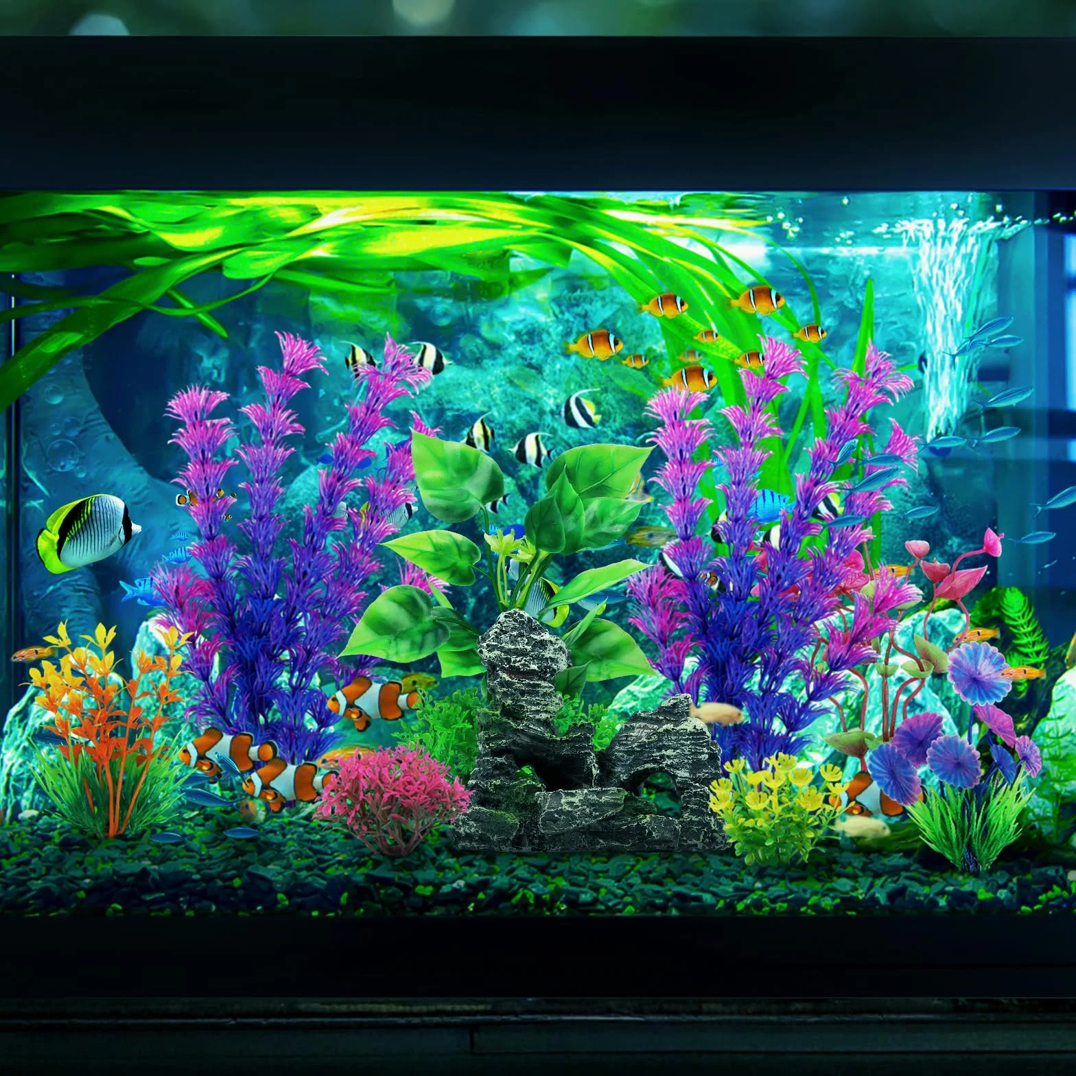 QUOZUO Decorazioni per acquari, 9 pezzi piante con vista rocciosa in resina, acquari piante in plastica, accessori per acquari e nascondigli