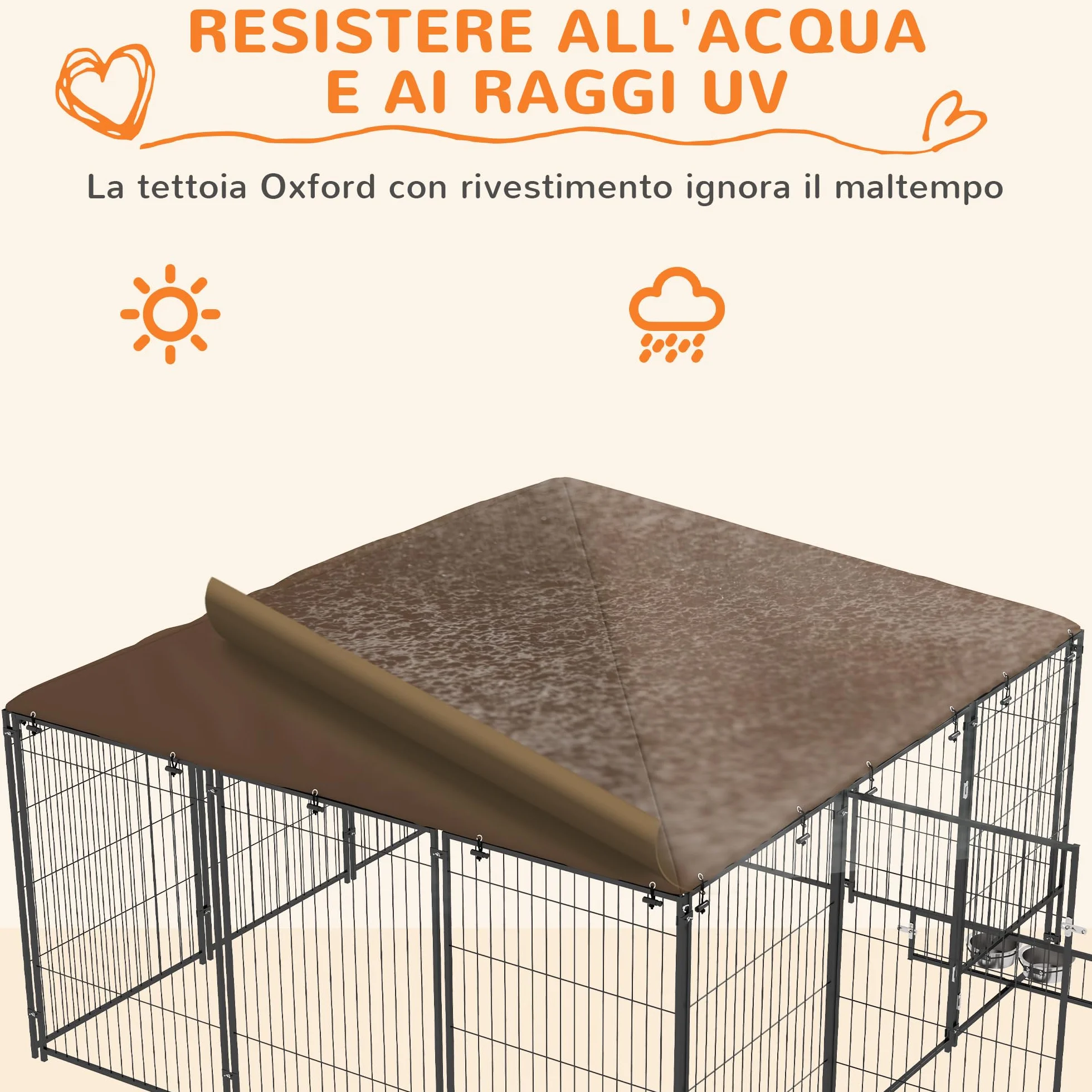 PawHut Recinto per Cani Acciaio 211x211x151 cm Tetto Anti-UV Impermeabile Ciotola Girevole Nero e Marrone
