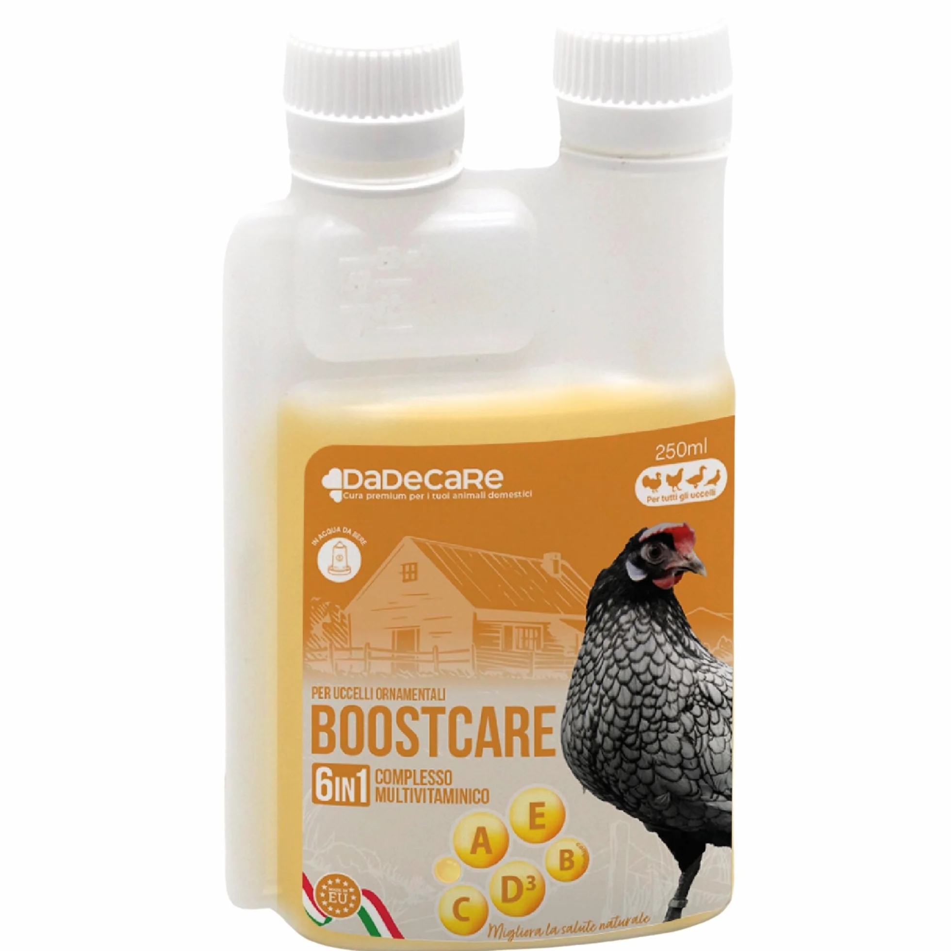 Multivitaminico 6 in 1 250ml Uccelli Vitamine A-E-D-C-B Mangime Complementare per Abbeveratoio Galline Polli Piccioni Pappagalli Parrocchetti con Dosatore Boostcare