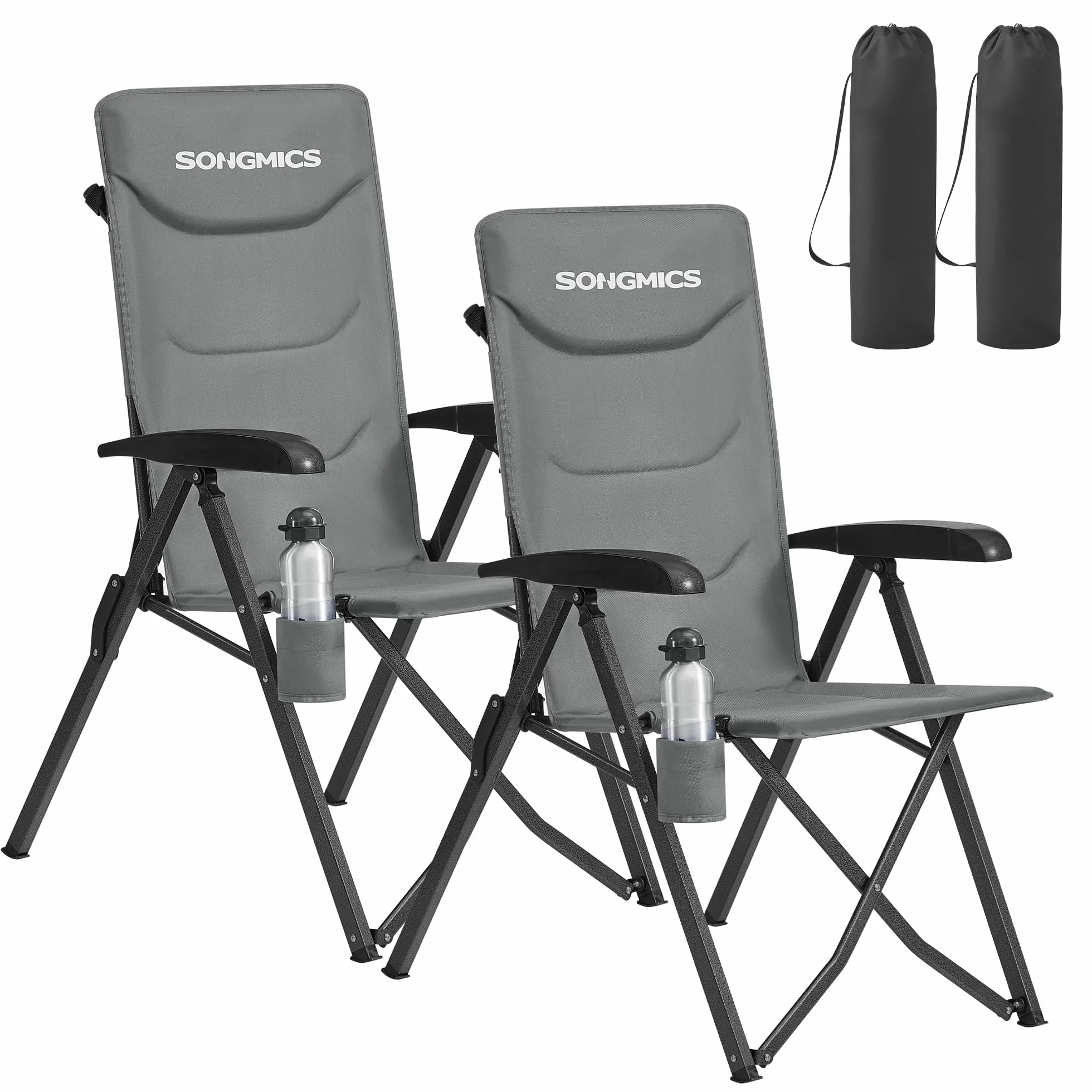 SONGMICS Set di 2 Sedie da Campeggio, Reclinabile 95°-150°, Pieghevole Imbottita, Schienale Alto Regolabile, Portabicchiere, Borsa con Tracolla, per Giardino, Pranzo, Pesca, Grigio GCB015GZ01-2J