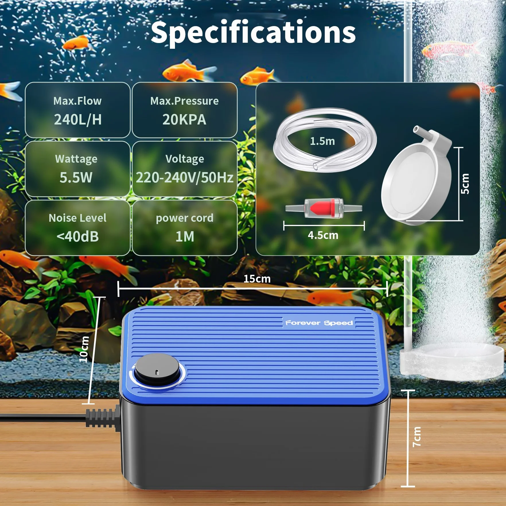 Forever Speed Ossigenatore per Acquario Ultra silenziosa 5.5W, 240L/H Aeratore Acquario con Flusso d'aria Regolabile,Pompa ad Aria per Acquario per 60-400L