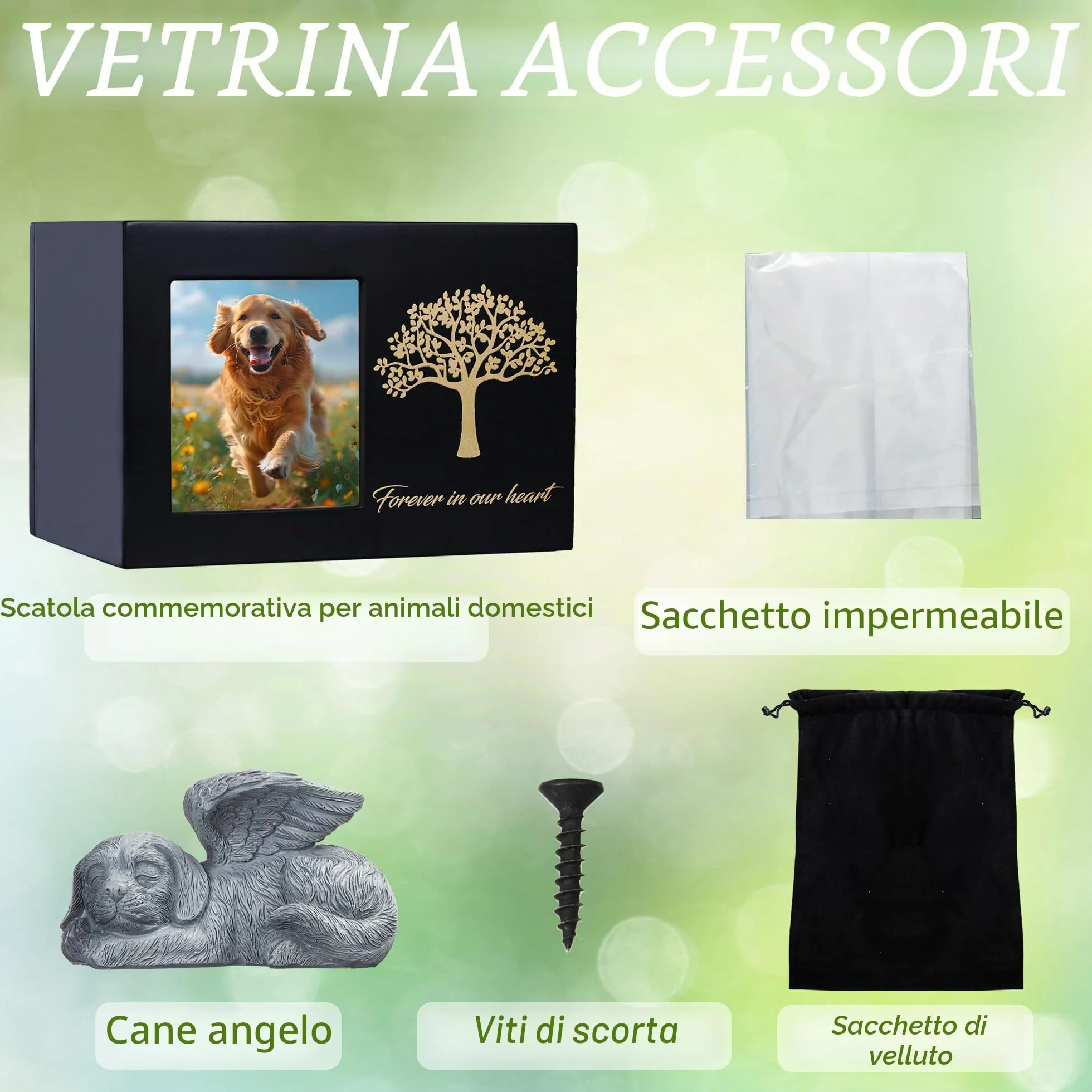 Urna per ceneri di cane in legno nero con cornice per foto e statua di cane in resina 25kg