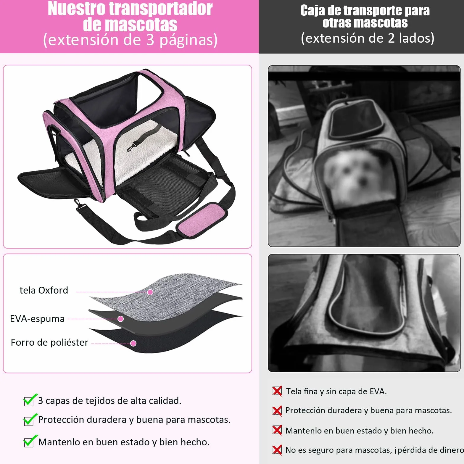 Trasportino per Cani e Gatti, Gabbietta Morbida per Animali Domestici, Tappetino Lavabile Rimovibile, con Tracolla, Borsa Ripiegabile Viaggio Sull' Aereo (L 50 x B 34 x H 34 cm, Rosa)