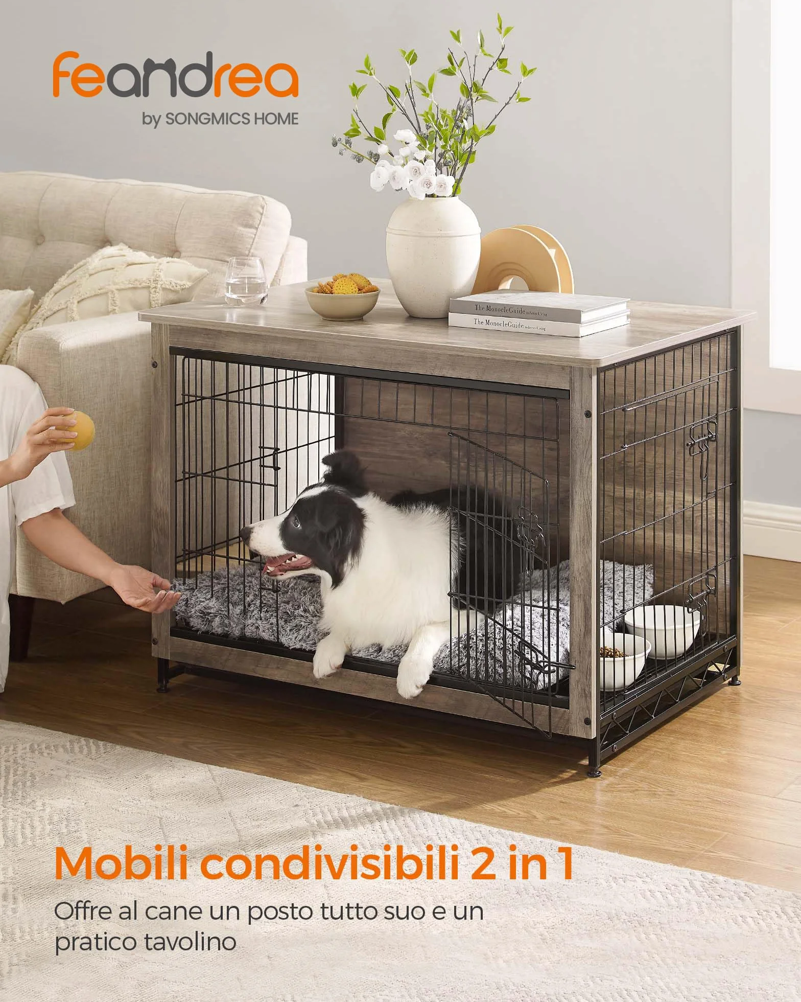 Feandrea Gabbia per Cani 32 kg Mobile Tavolino Cuccia Moderna 2 Porte Greige PFC003G01