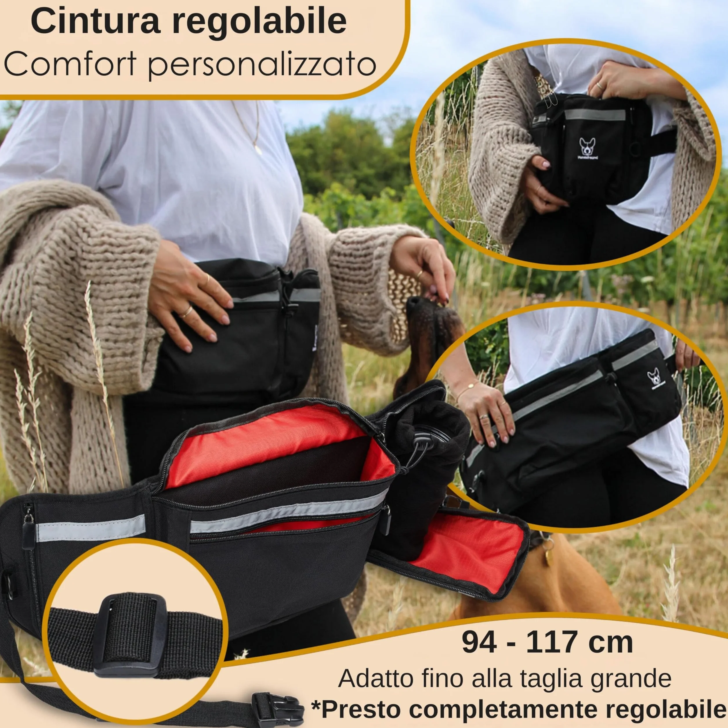 Hundefreund Borsa PortaSnack per Cani XXL - Tasca Ultra-Grande Riflettente con Cintura - Sacchetto di 58 cm per Passeggiate e Addestramento Canino