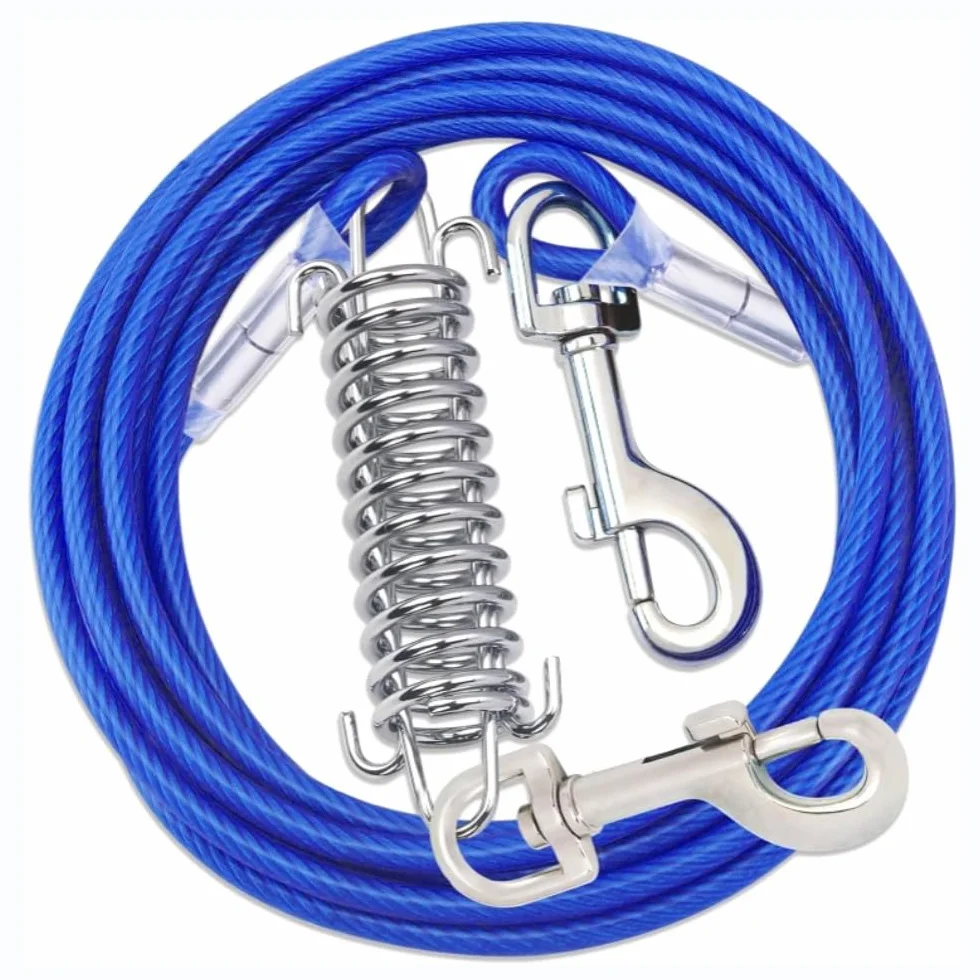 Guinzaglio per Cani Acciaio Inox 3 m Dog Tie Out Cable Resistente ai Morsi con Guinzagli Blu ad Assorbimento d'urto per Cani da Cortile di Media e Grande Taglia