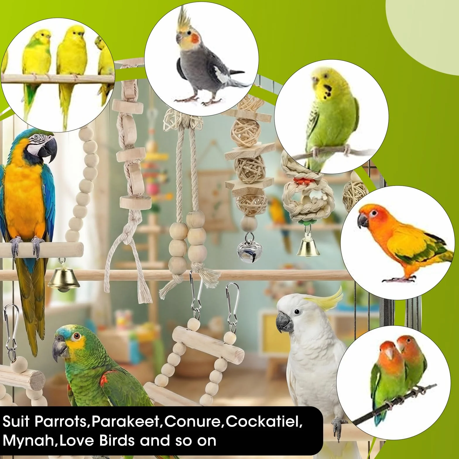 Set di 9 Giochi per Pappagalli in Legno Naturale con Altalena, Scala e Campanella
