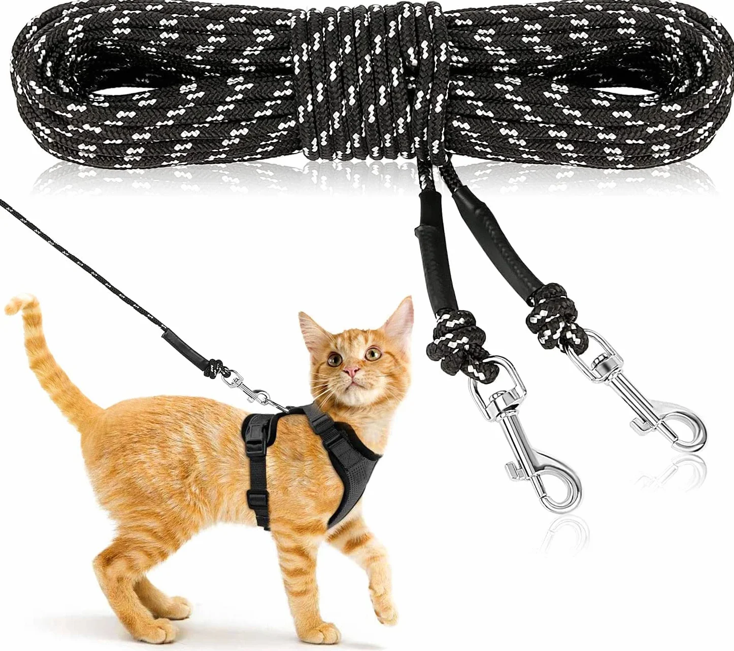 Guinzaglio lungo riflettente per gatti, 9 m, a prova di fuga, lungo e sicuro, per gatti, cuccioli, conigli e piccoli animali Nero