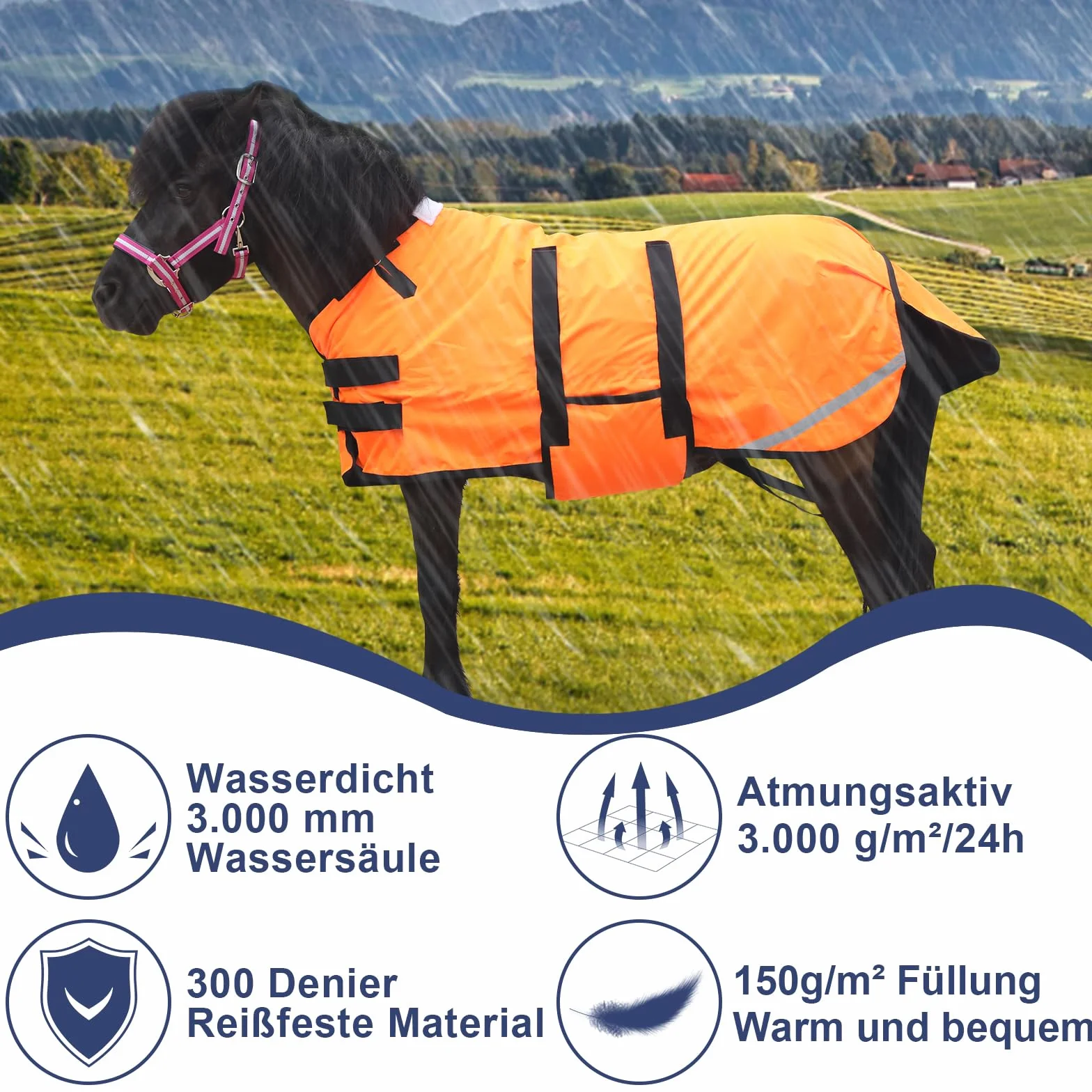 Coperta 300D Pony/Shetty per cavalli, 150 g/m², per pony, leggera, calda, impermeabile, traspirante e antistrappo, per pony puledri, mini cavalli nani