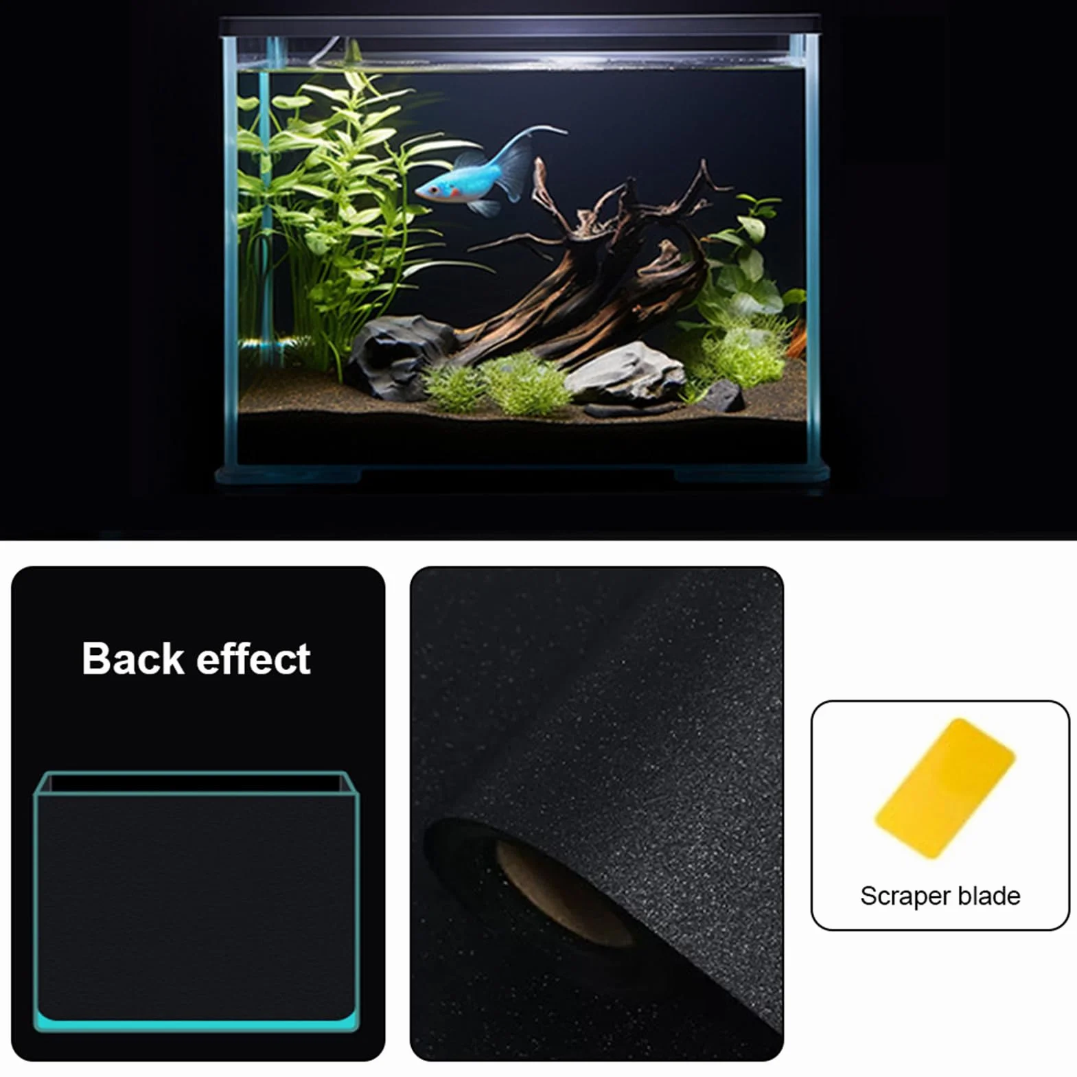 Sfondo statico per acquario, nero, 30 x 200 cm, per acquario, decorazione per acquari