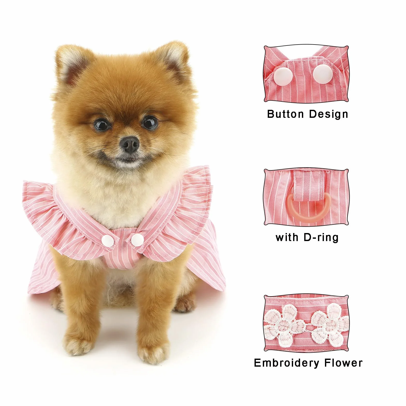 PAIDEFUL Vestito Elegante per Cane Piccolo - Design Estivo a Righe con Ricamo di Fiori, Cinturino, Bottoni - Abbigliamento Fresco da Principessa per Animali Domestici, Costume da Chihuahua