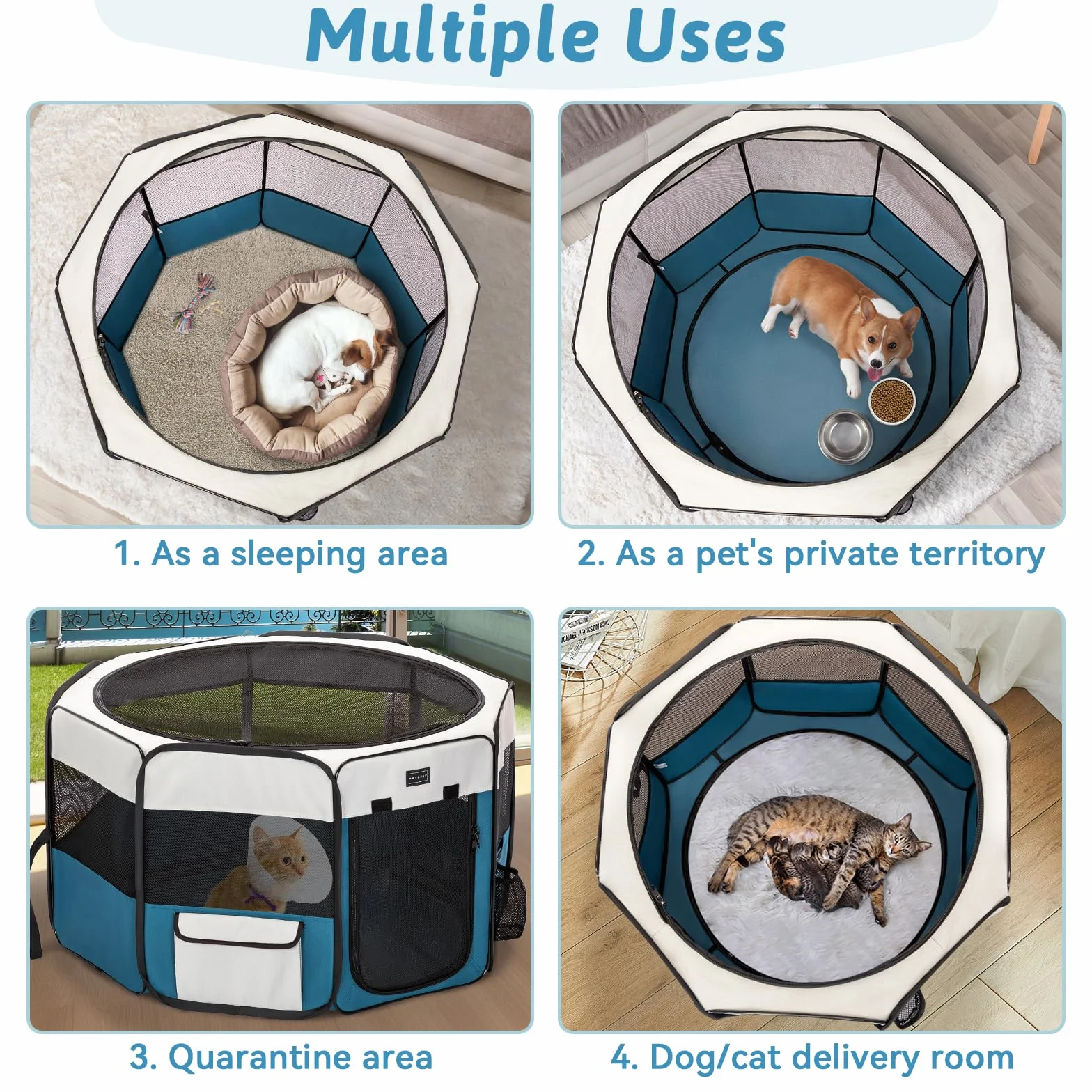 PETSFIT Recinto per Gatti Pieghevole e Portatile, Pavimento impermeabile in Tessuto, Grigio e Blu, 75x68x42CM