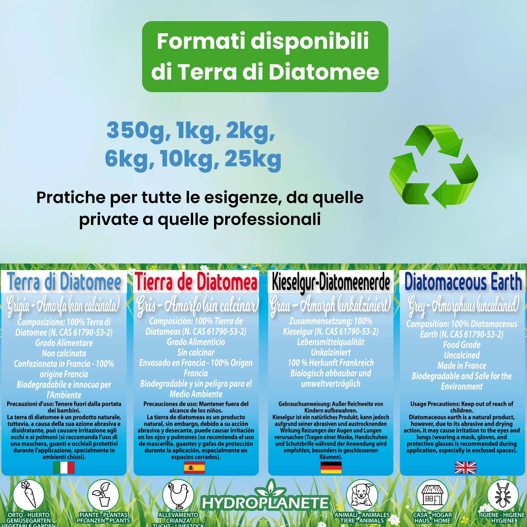 Terra di diatomee grigia multiuso | Polvere alimentare e igiene animale | Senza additivi e 100% naturale | Prodotto in Francia | Disponibile da 350 g a 25 kg | Hydroplanete (3 kg)