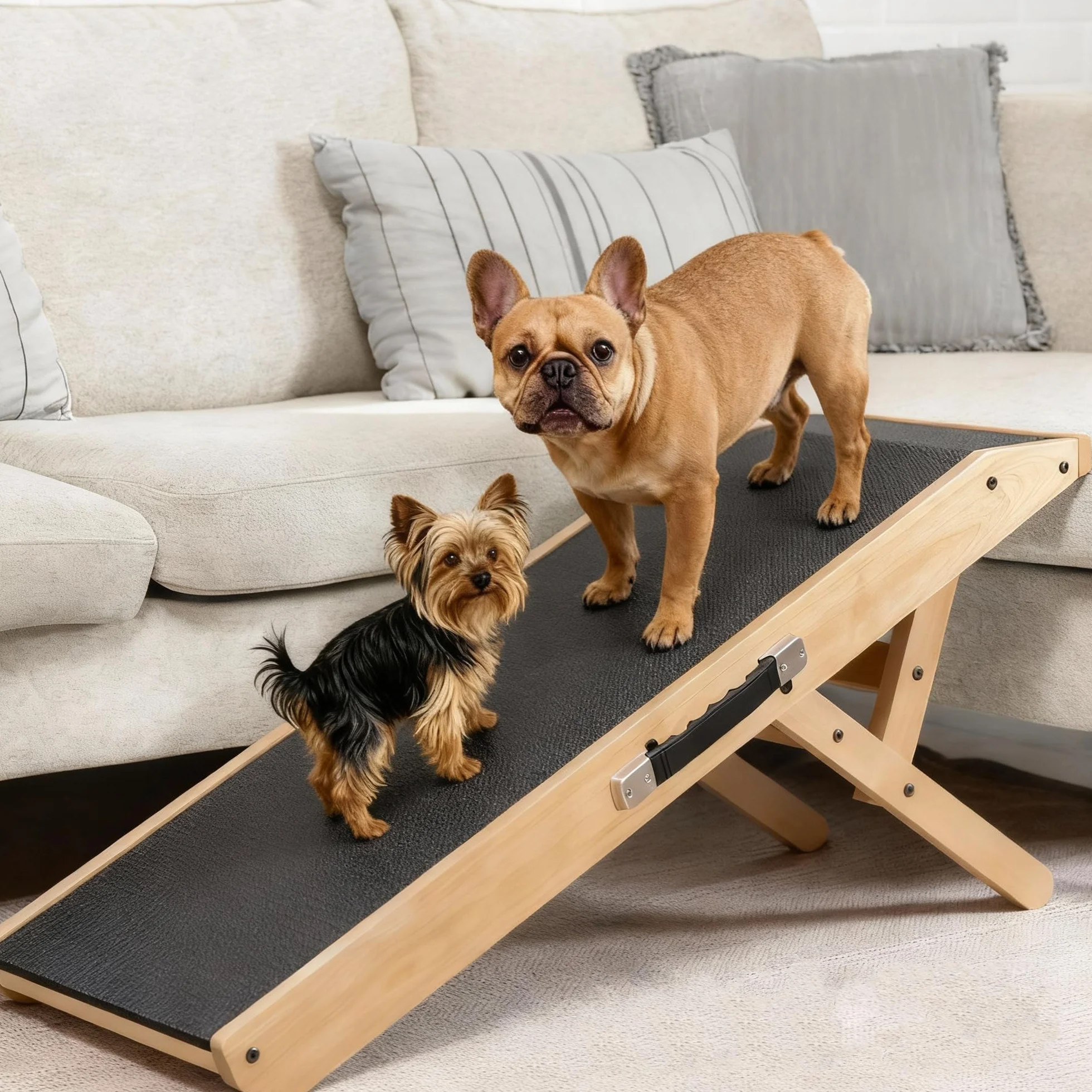 Rampa per Cani in Legno di Betulla Regolabile 18-53 cm Pieghevole per Letto e Divano