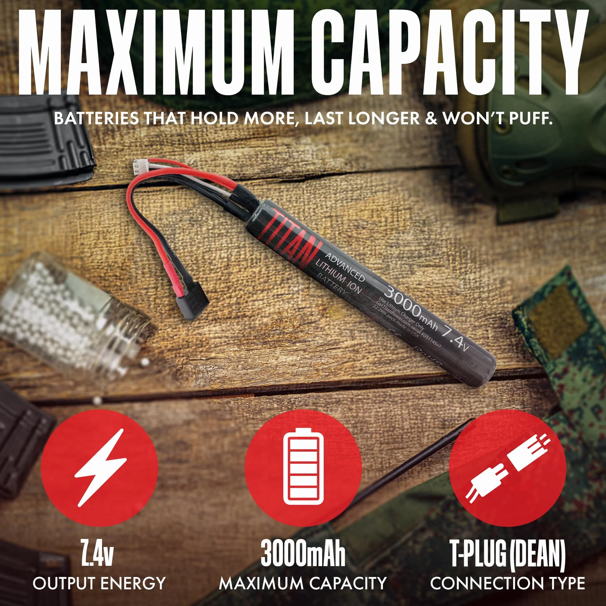 TITAN 3000mAh 11.1v Stick Tamiya Batterie Professionali Softair (3000mAh 11.1v Stick T-Plug (Deans))