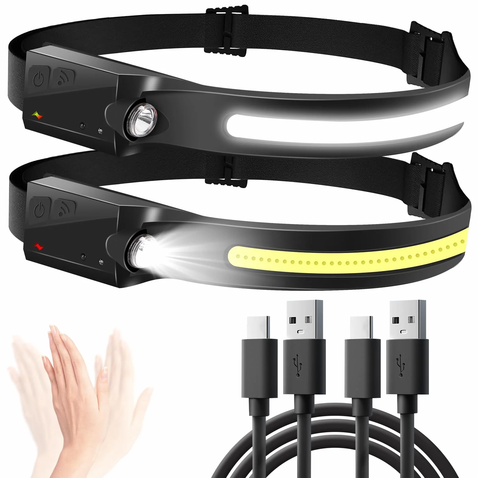 Aigostar Torcia Frontale Led Ricaricabile con Sensore di Movimento 6 Modalità USB-C 230° Angolo Ampio 2 Pezzi