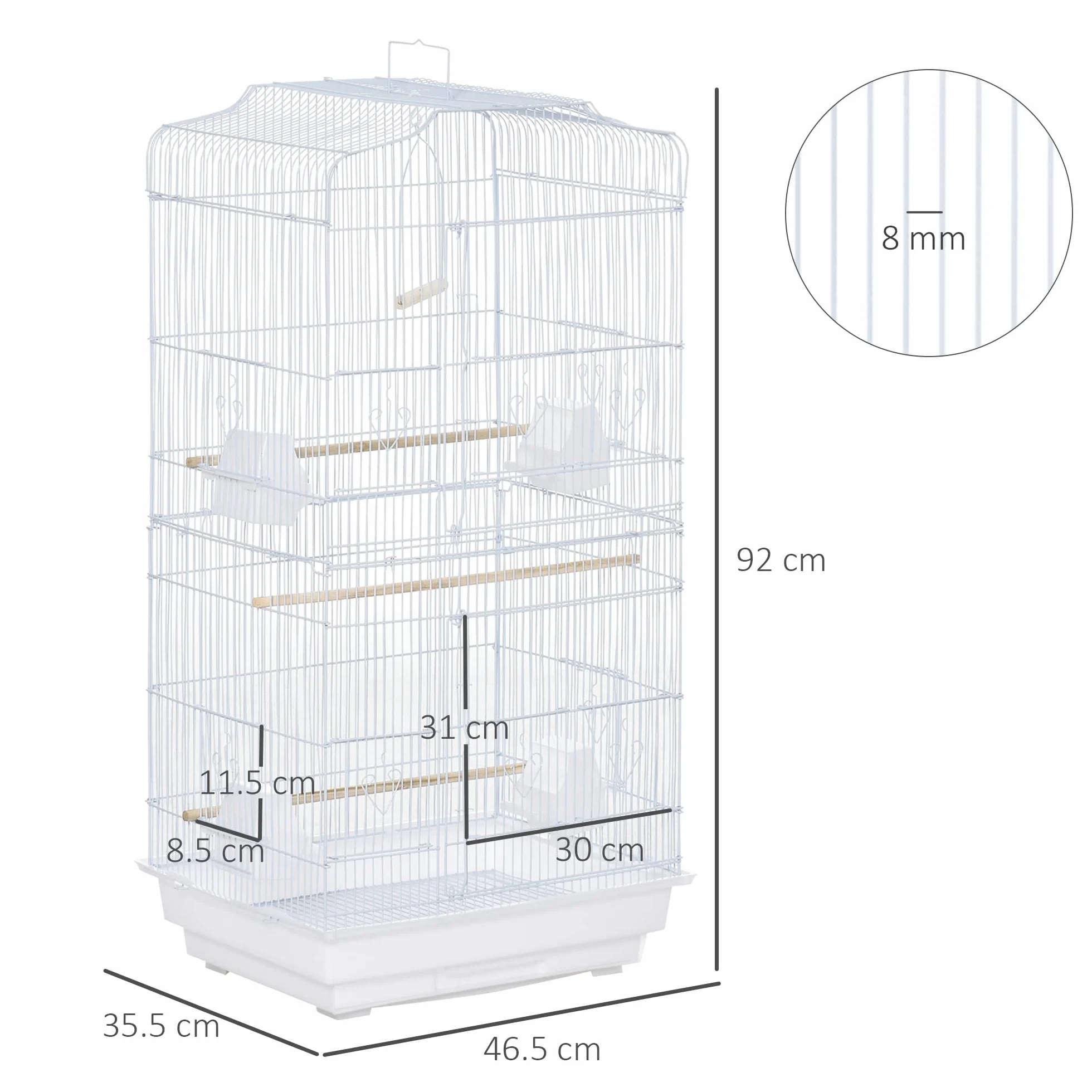PawHut Gabbia per Uccelli Portatile con Vassoio Estraibile, Voliera per Pappagallini, 46.5x35.5x92cm, Bianco