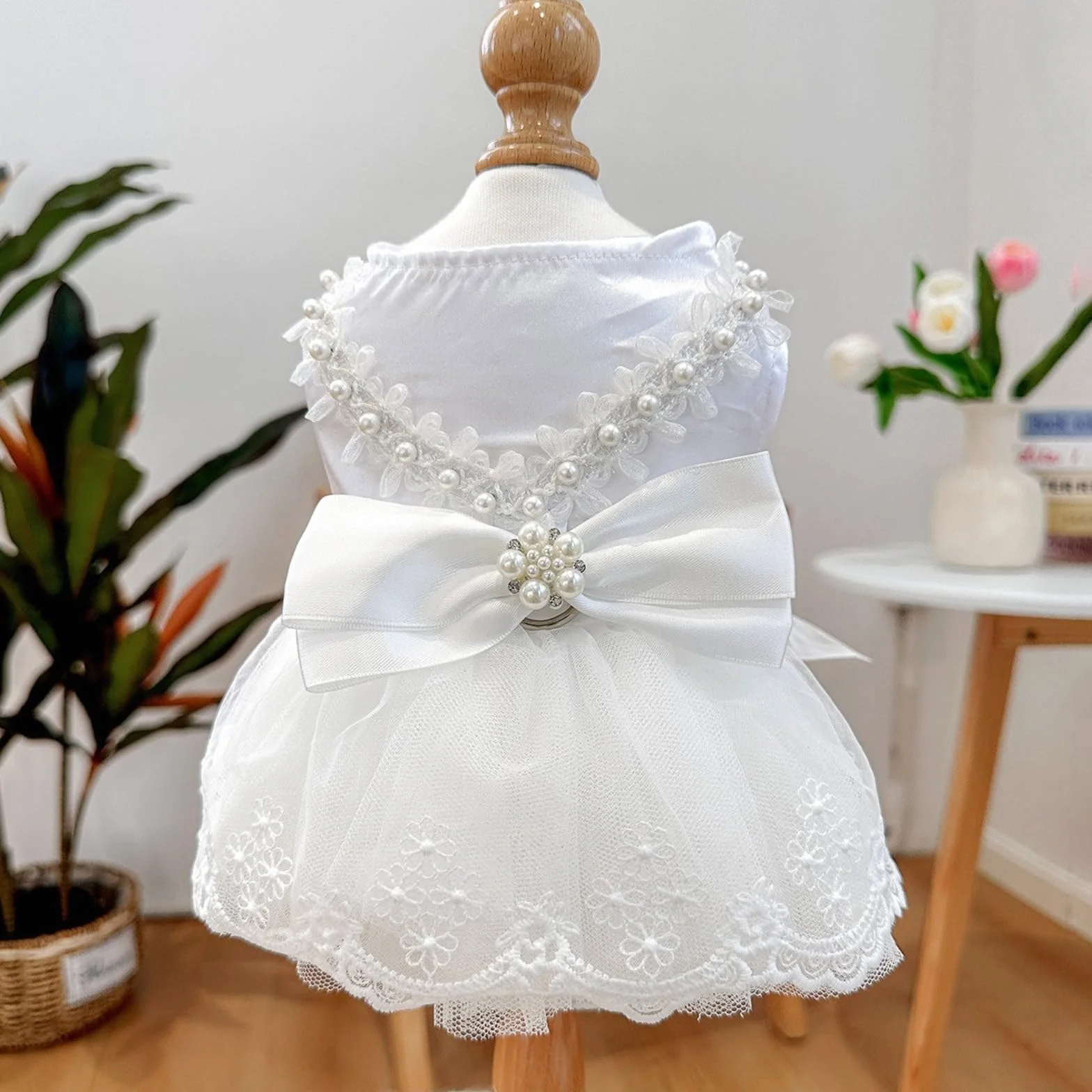 Abito Da Sposa Del Cane Bianco Puppy Tutu Gonna Con Arco E Perla Decorazione Vestiti Di Gatto Di Lusso Con Anello Di Guinzaglio Per Cani Di Piccoli Gatti,Vestiti per Cani e Gatti, Gonna in Tulle