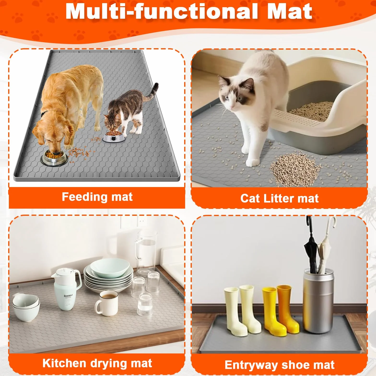 Tappetino Lettiera Gatto per Gatti con Bordi Rialzati, Tappeto Silicone Extra Grande 86x56cm, Mat Alimentare Morbido Sulle Zampe & Facile Pulire, Protezione Impermeabile Antiscivolo Resistente(Grigio)