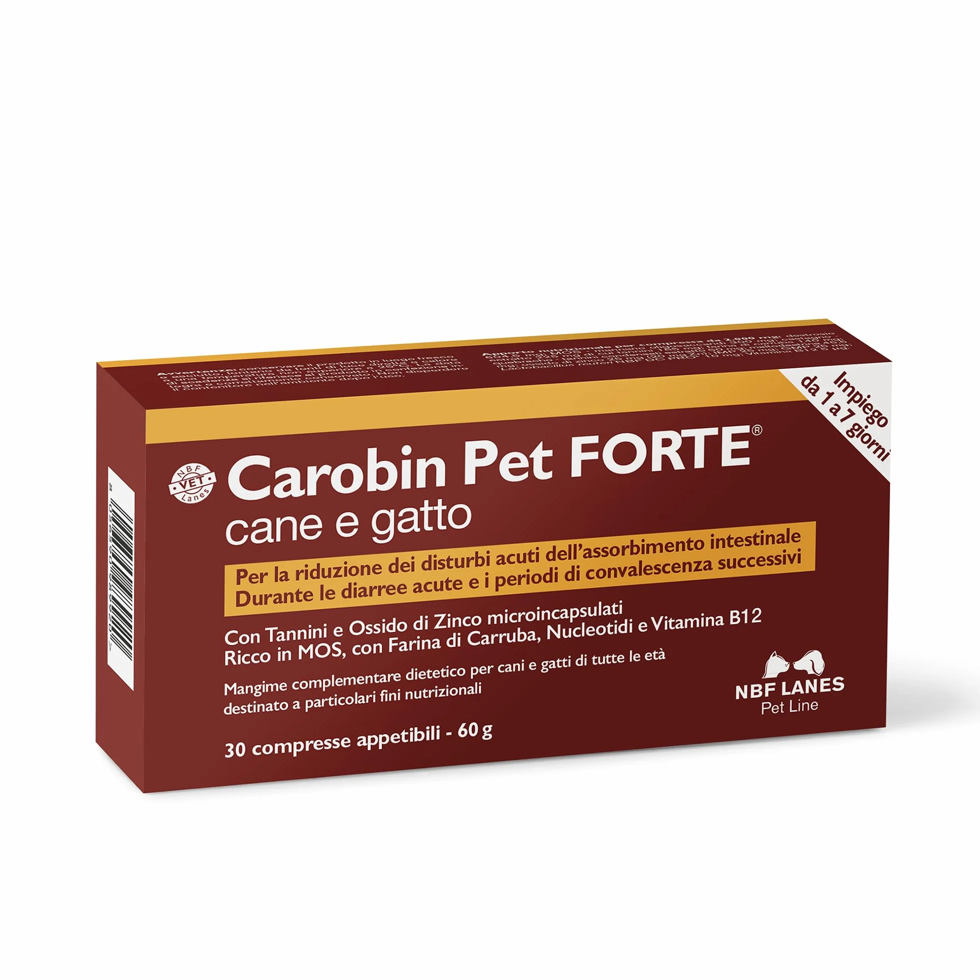 NBF Lanes | Carobin Pet Forte Cane Gatto, 30 Compresse Appetibili, Riduzione Disturbi Acuti dell’Assorbimento Intestinale, Diarree Acute, Convalescenza