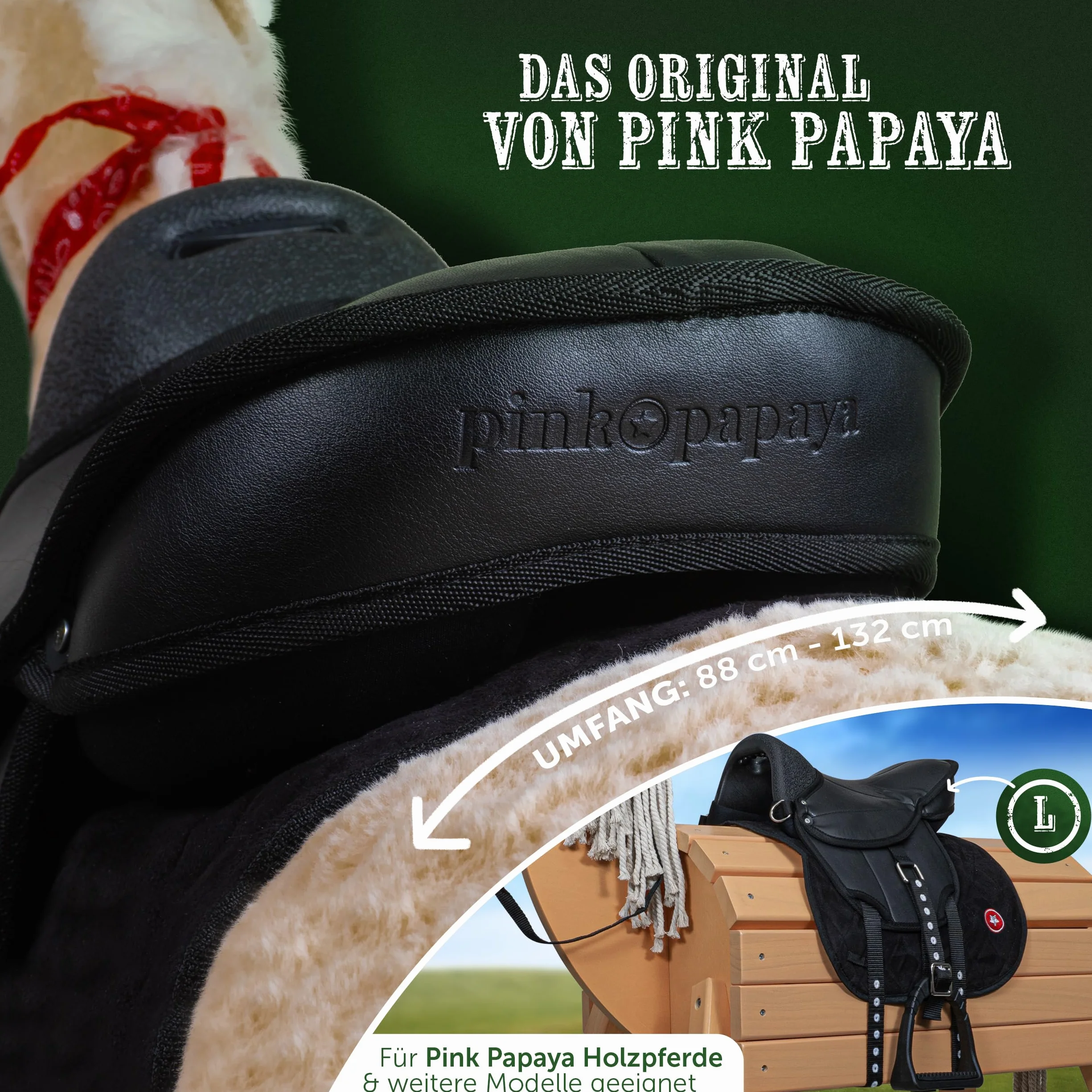 Pink Papaya Shetty Sella per bambini cavalli in legno e cavalli da gioco, sella con staffe