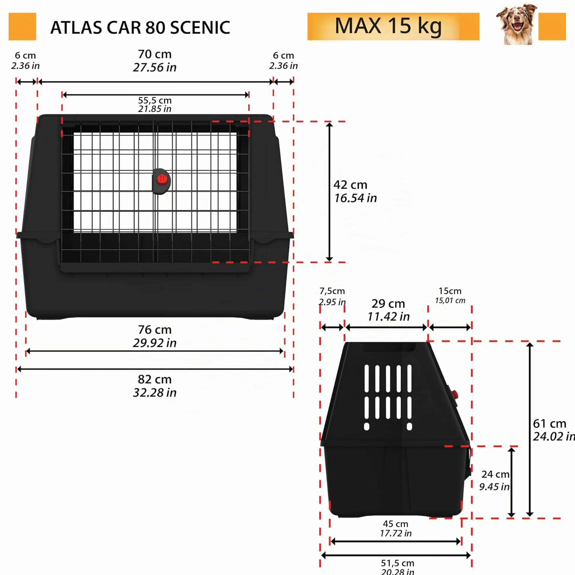Ferplast ATLAS CAR 80 SCENIC Trasportino per Cani da Auto con Doppia Finestra, Tappeto Drenante, Portaoggetti, Maniglie, Doppia Apertura Scorrevole con Chiusura Sicura, Max 20 kg, 82 x 51 x h 61 cm