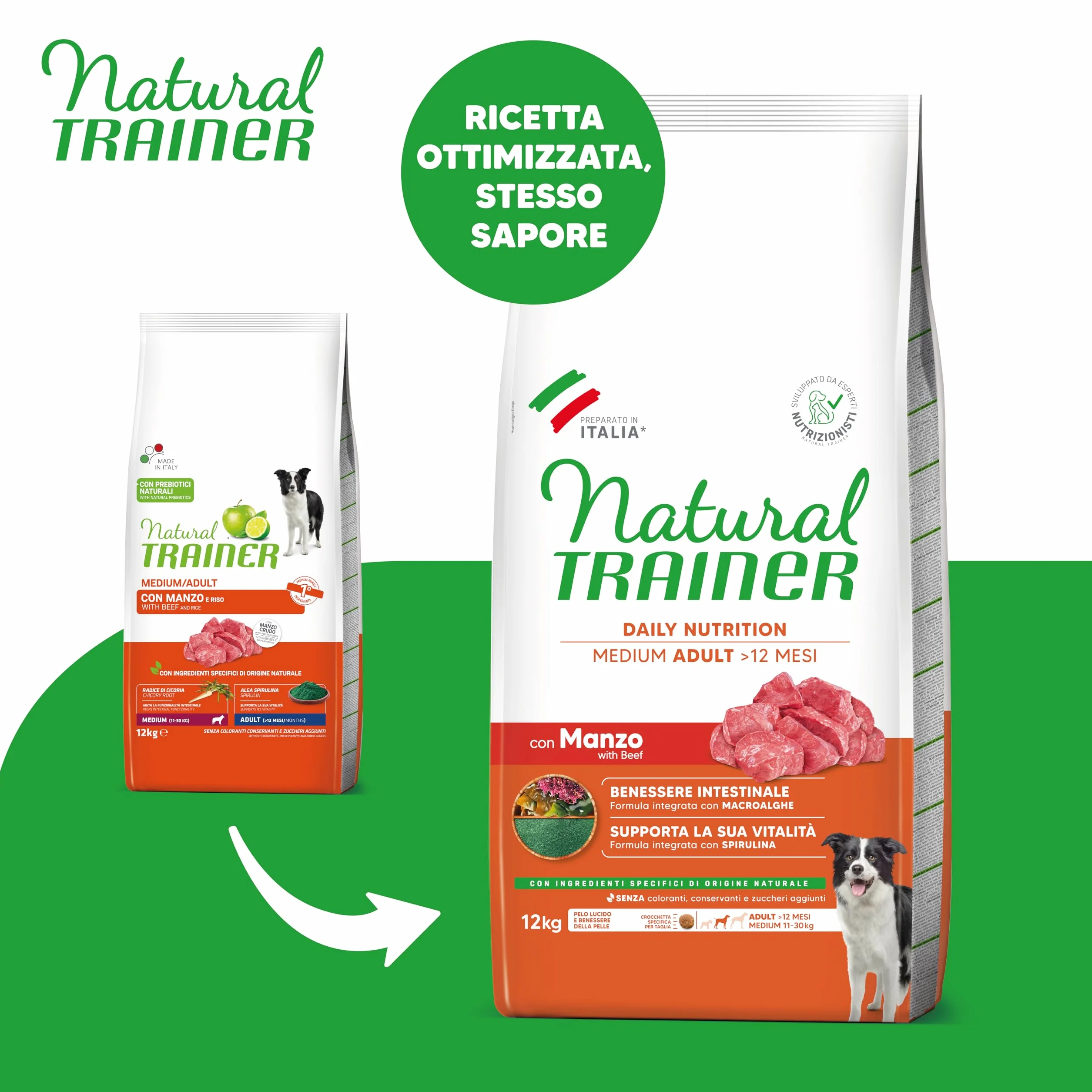 Natural Trainer Medium Cibo per Cani Adulti con Manzo 12kg