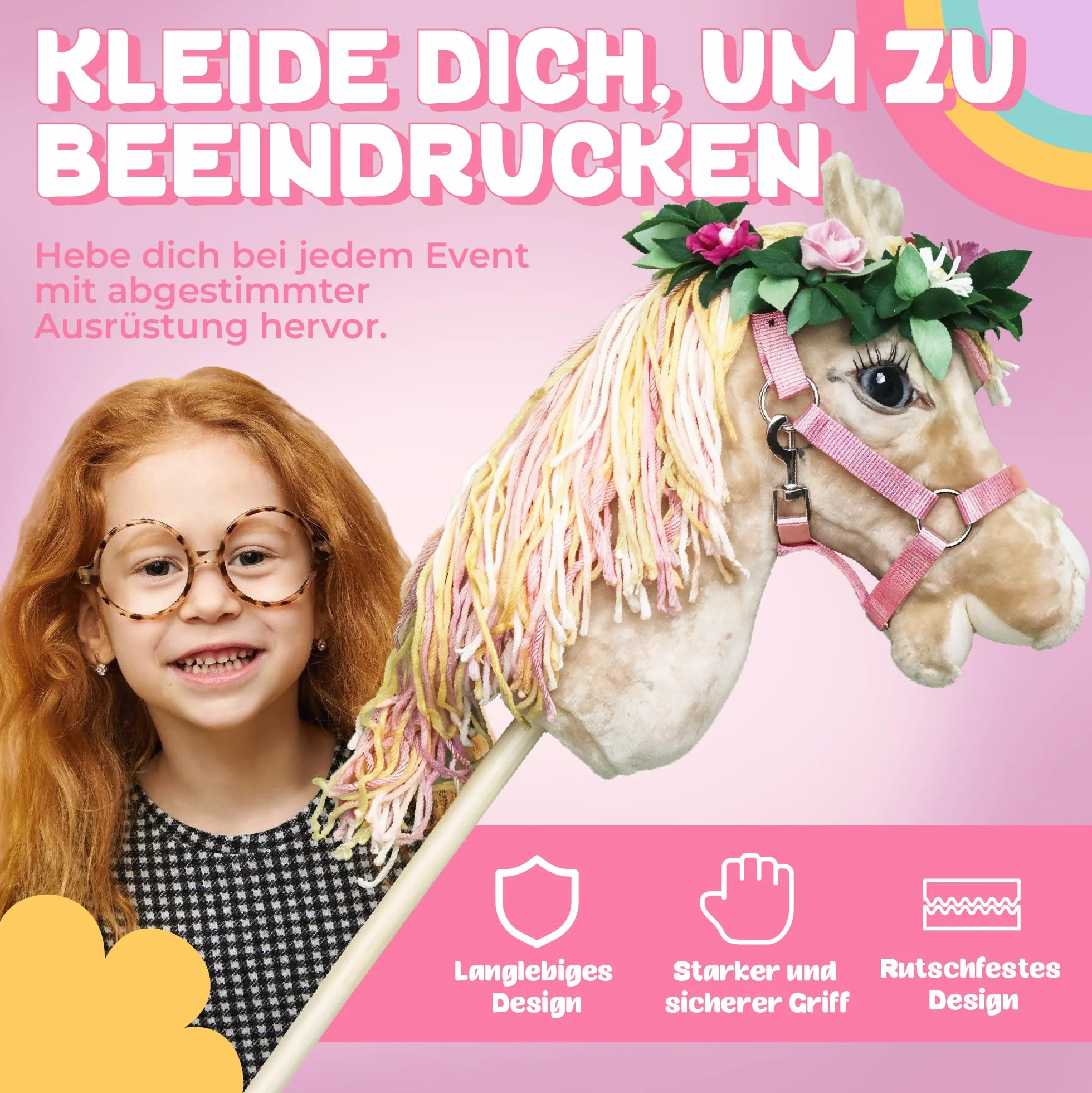 Panduro Hobby Horse - Set di cavezza in lana + cavezza in nylon per cavalli con fibbie in metallo + guinzaglio per accessori hobby, rosa