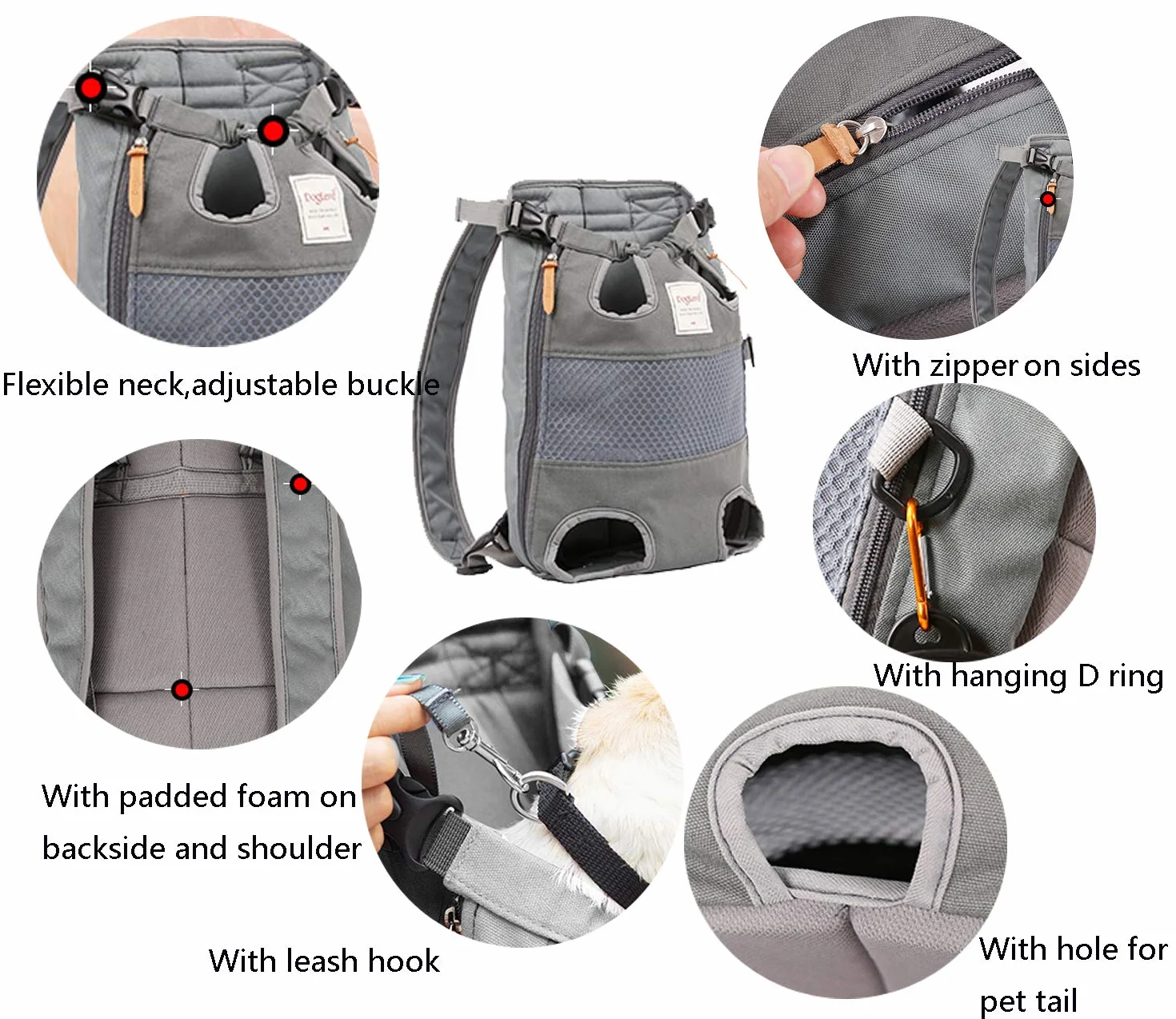 Tineer Zaino per Animali Domestici,Regolabile Dog Front Legs out Carrier Backpack Il Sacchetto di Mano Libero Viaggi,Easy-Fit per 5-12KG Piccole Medie Gatti Cani attività all'aperto (Grigio)