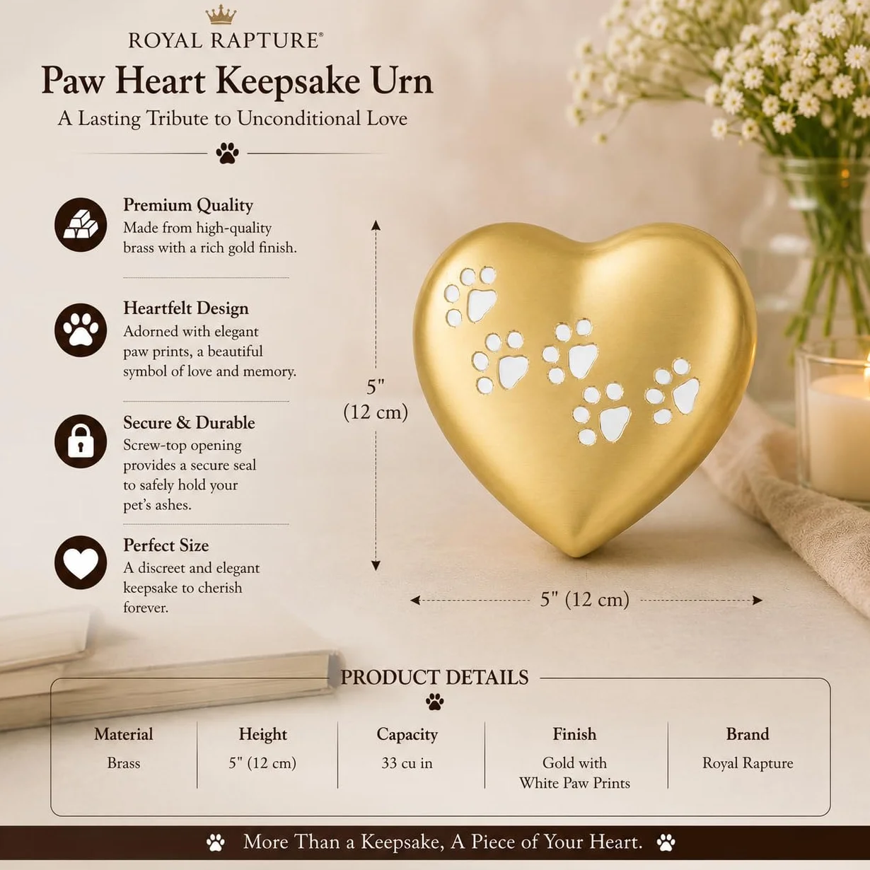 Heart Keepsake Ashes Pet Dog Cat Memorial URN for Ashes Heart Funeral Cremation 5" (Gold)