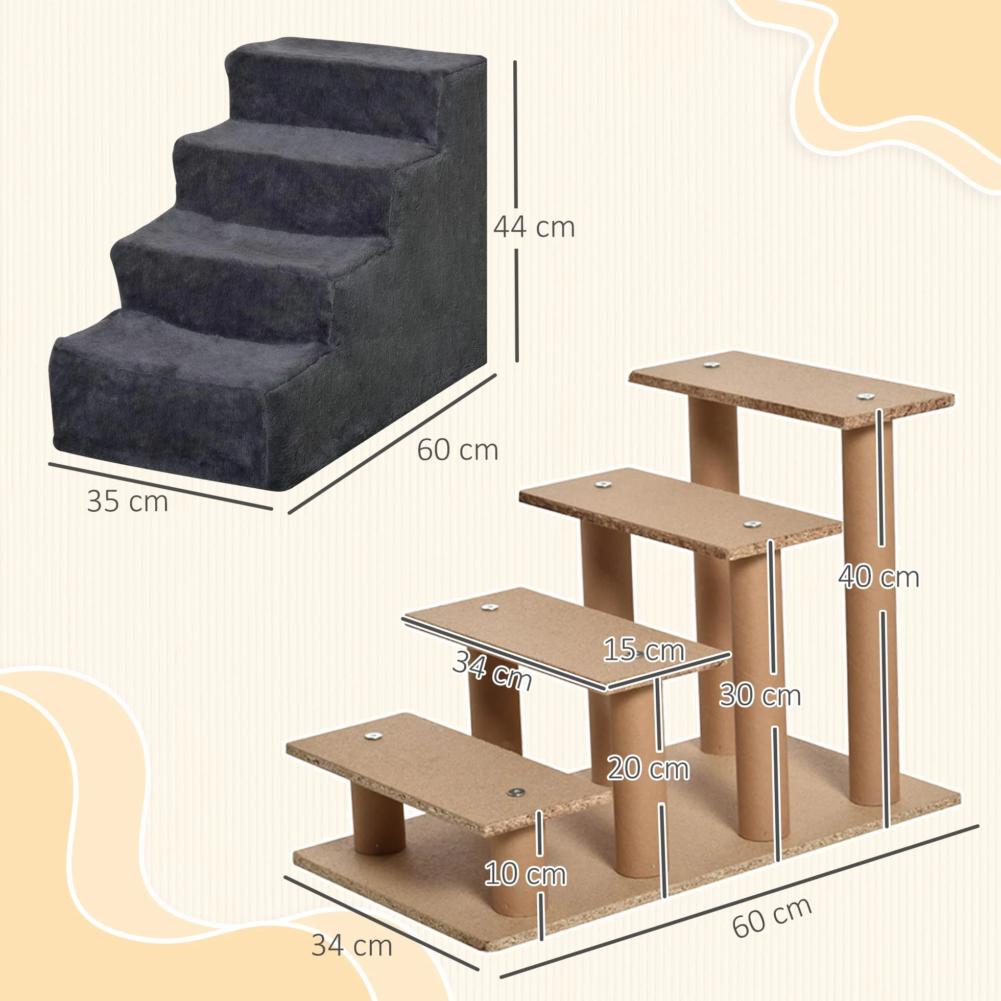 PawHut Scala per Cani 4 Gradini 60x35x44 cm Scaletta per Cani Gatti 10 KG Tessuto Vellutato Sfoderabile Lavabile Grigio Scuro