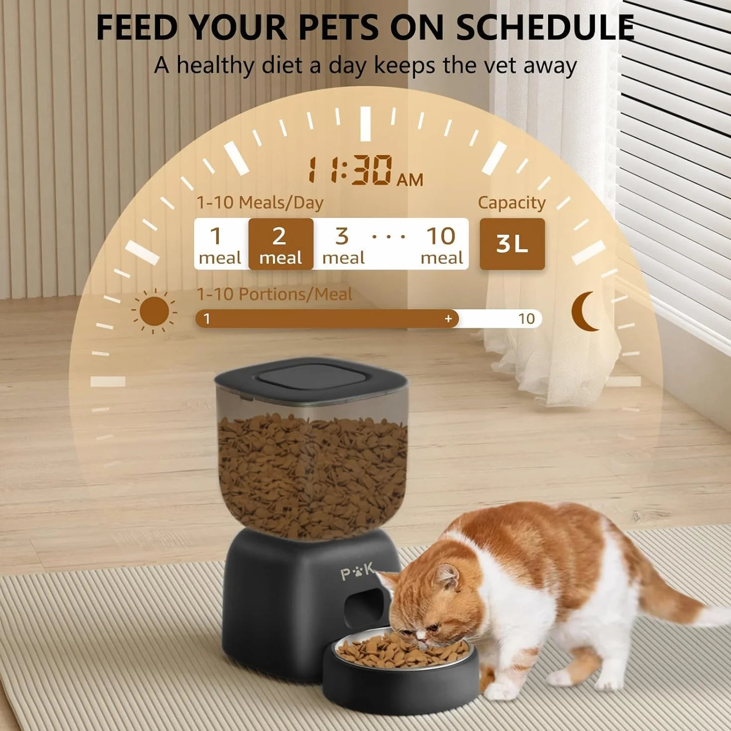 PUPPY KITTY Distributore Automatico Cibo Gatti, 2.4G WiFi Dispenser Cibo Gatti Collegare APP con 10S Registrazion, Ciotola in Acciaio Inossidabile 304, 1-10 Pasti al Giorno, 3L
