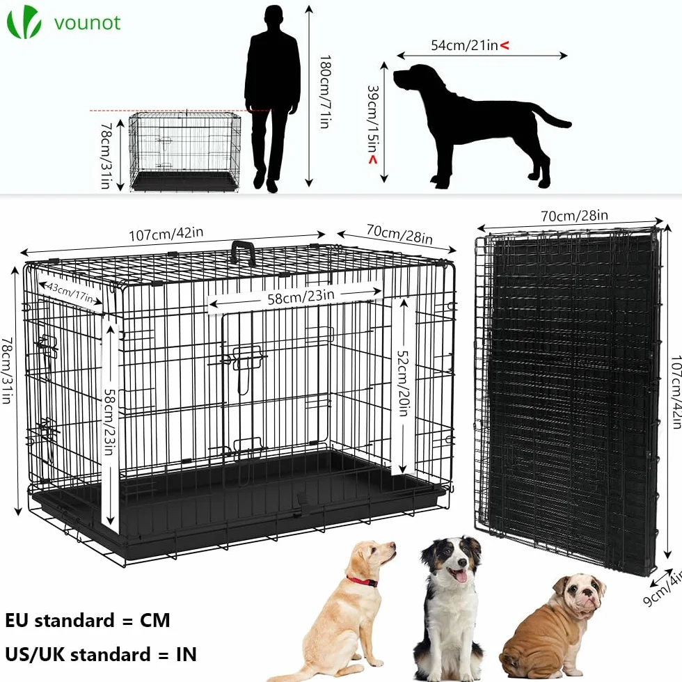 VOUNOT® Gabbia per Cani Pieghevole in Metallo 107x70x78cm Nero con 2 Porte e Vassoio Rimovibile