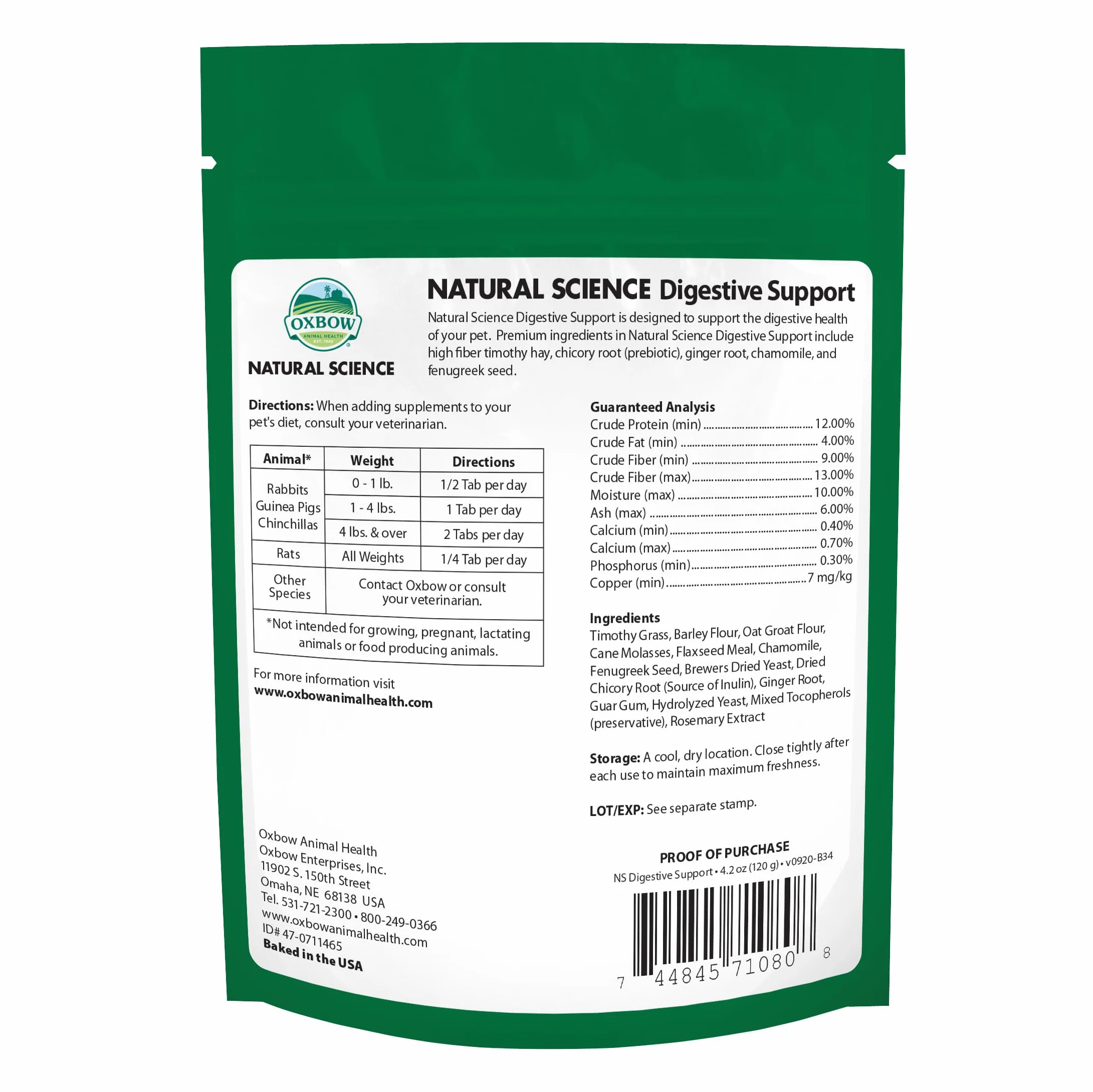 Oxbow Digestive Support 120 g - Integratore alimentare per l'apparato digerente di roditori e iguana