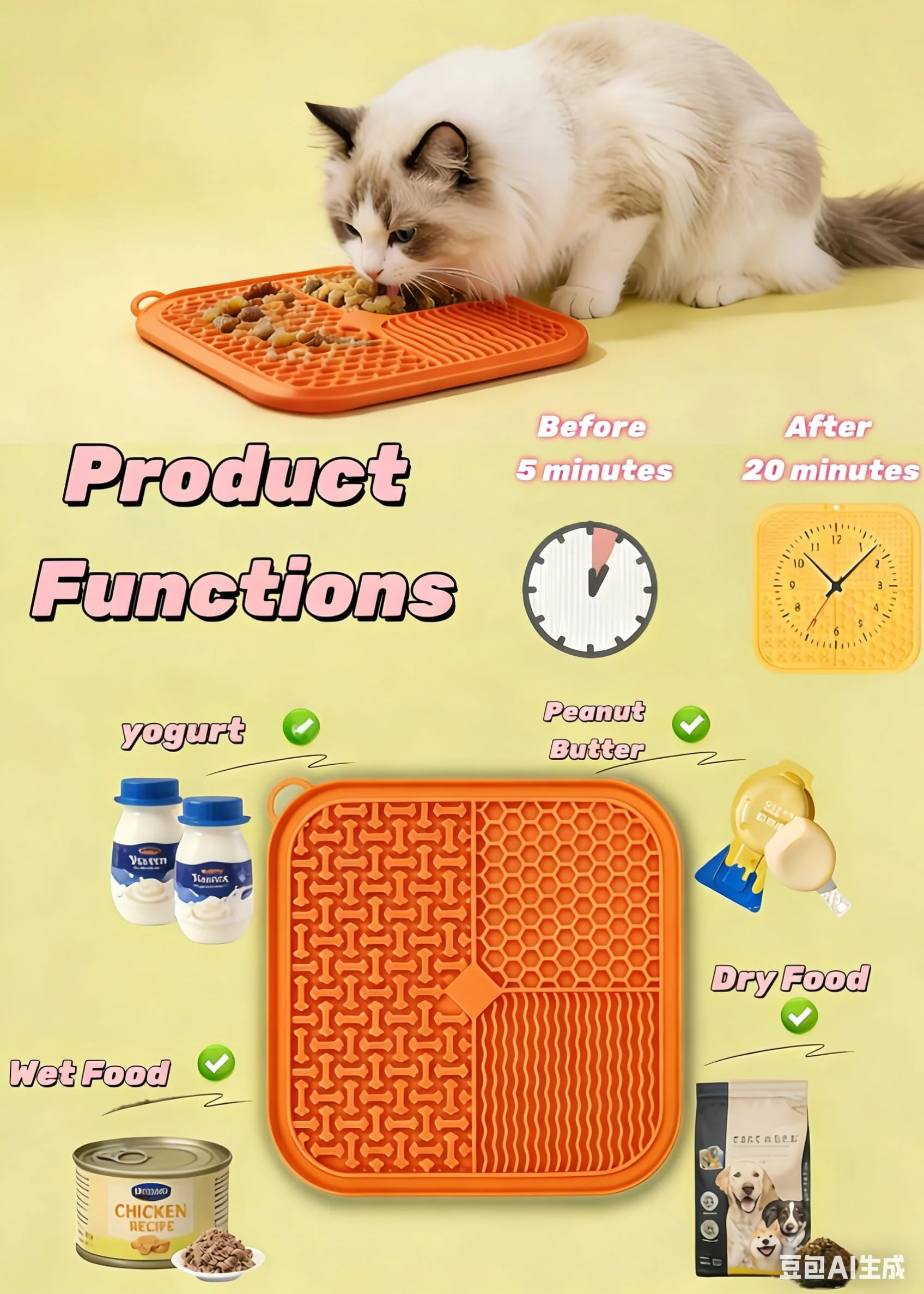 Slow Feeder Licky Mats per gatti e cani, morbido silicone, forte ventosa, partizioni multifunzionali per alleviare l'ansia (arancione)